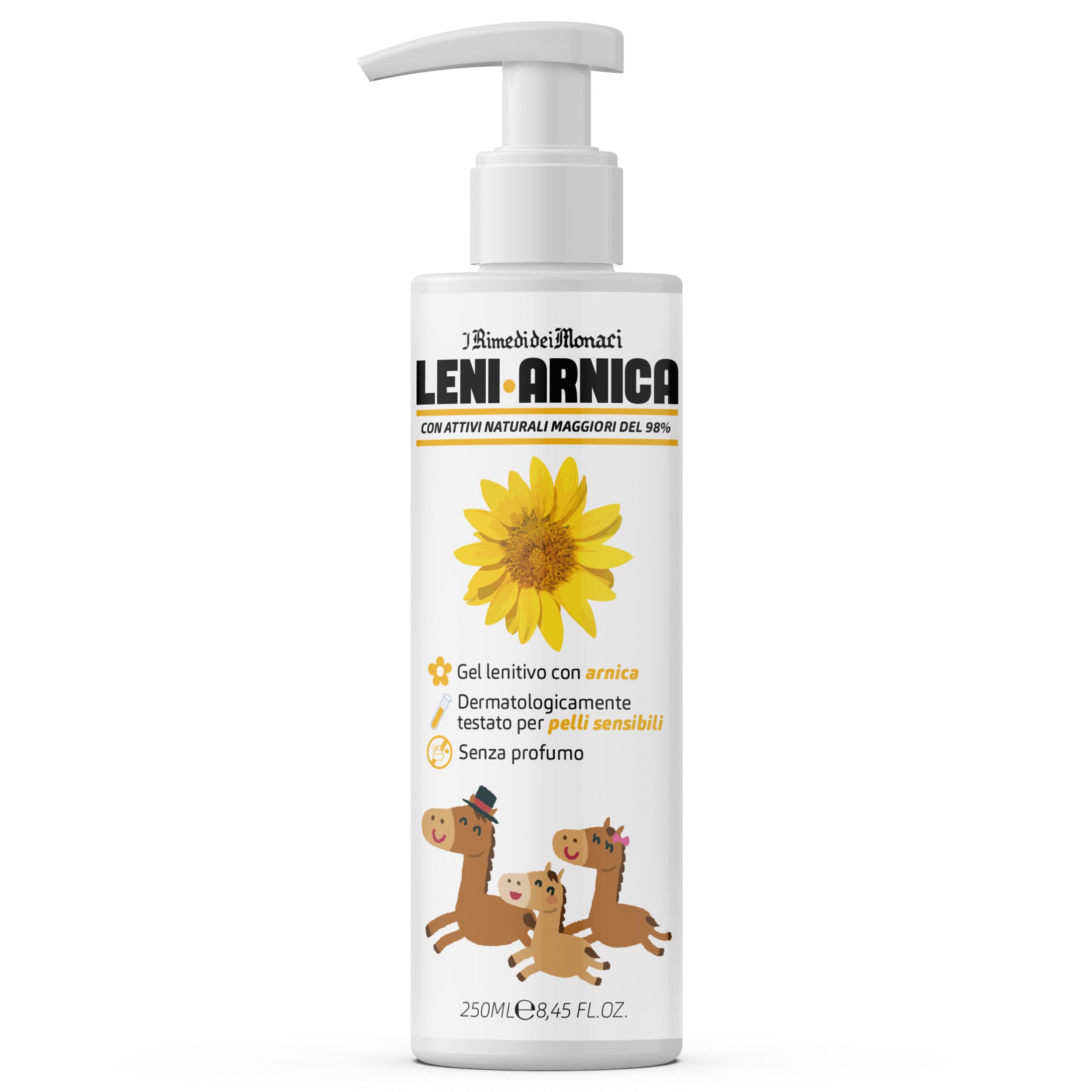 Fles Leni Arnica. Gel met arnica, dermatologisch getest, voor de gevoelige huid. 250ml. Met dispenser.