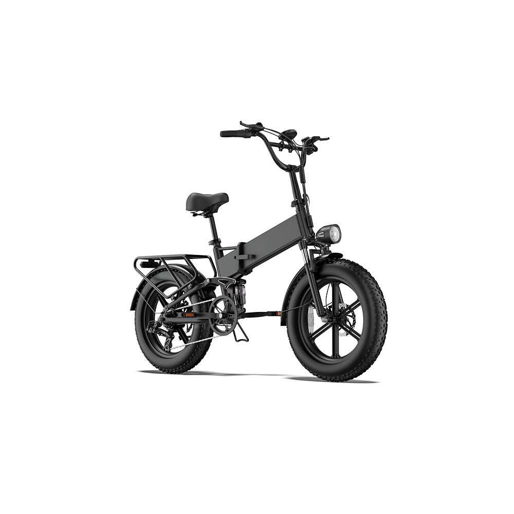 Zwarte elektrische fiets met brede banden, bagagedrager en koplamp. Zijaanzicht.