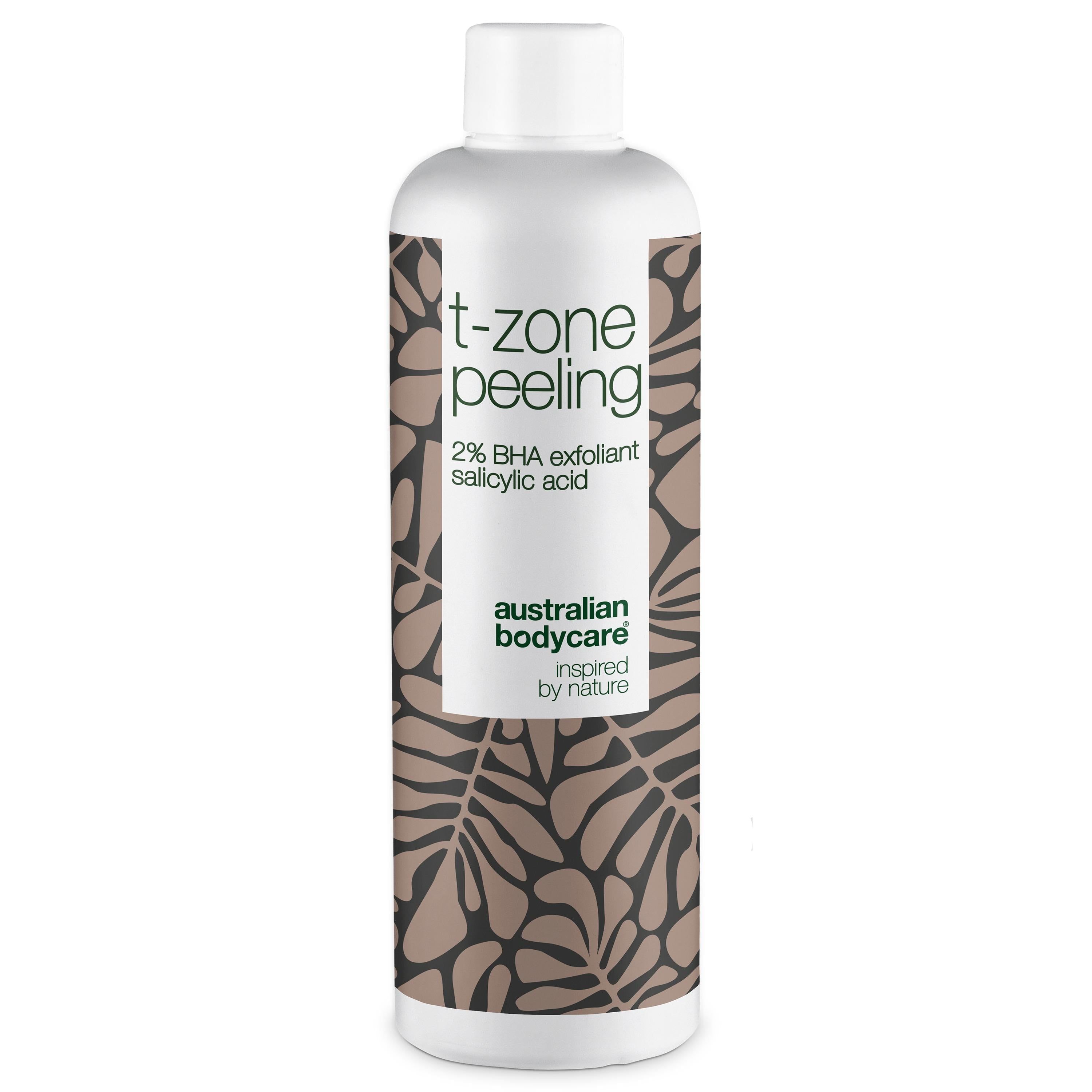 Witte fles met "t-zone peeling" en "2% BHA". Bruin patroon. Merk: Australian Bodycare.