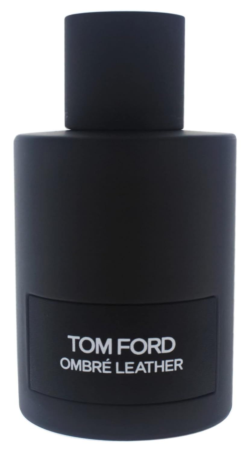Zwarte fles met opschrift TOM FORD OMBRÉ LEATHER. Cilindrische vorm, zwarte dop.