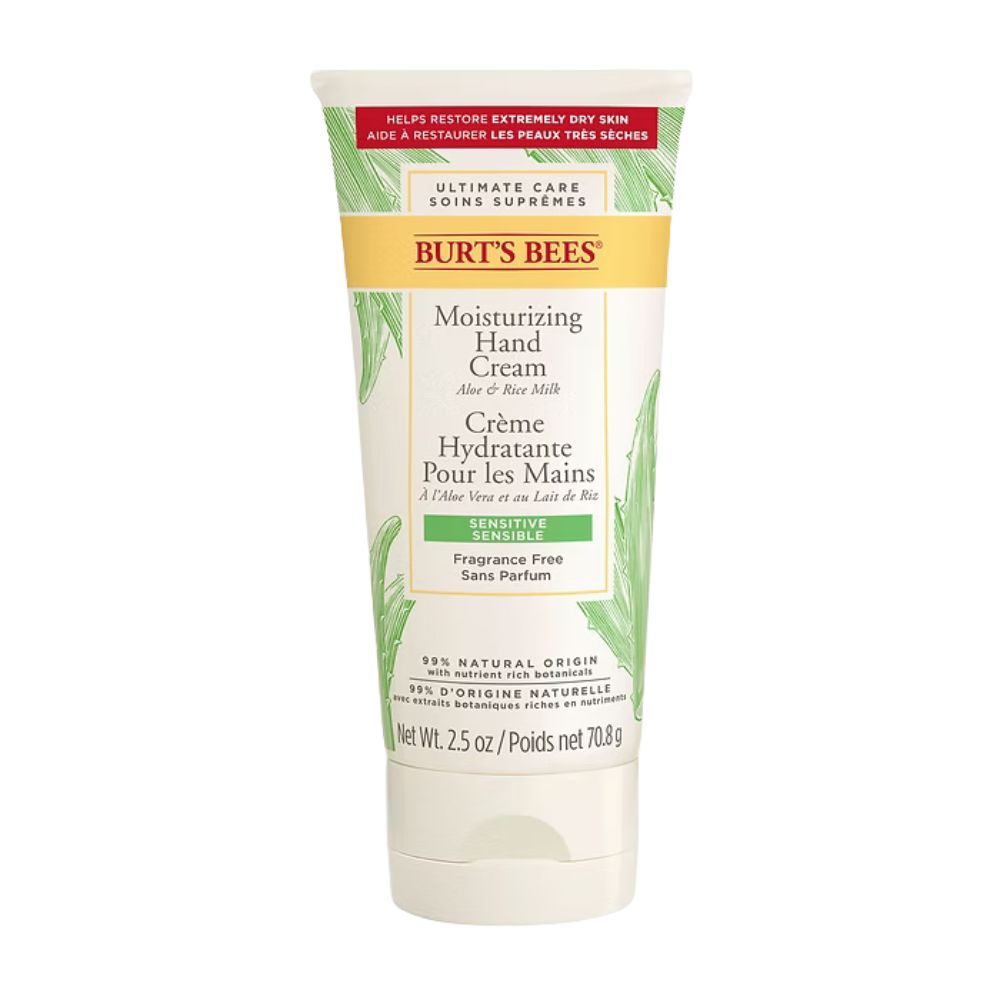 Tube de crème pour les mains. Texte : Burt's Bees, Moisturizing Hand Cream, Aloe & Rice Milk. Sensitive. 99% Natural Origin.