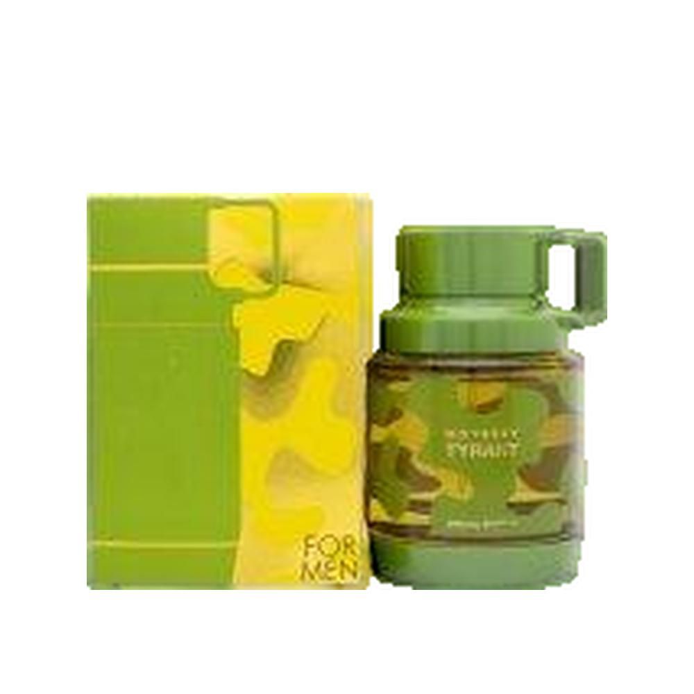 Groene fles met camouflagepatroon en handvat. Daarnaast een groene doos met geel patroon. Tekst: "FOR MEN".