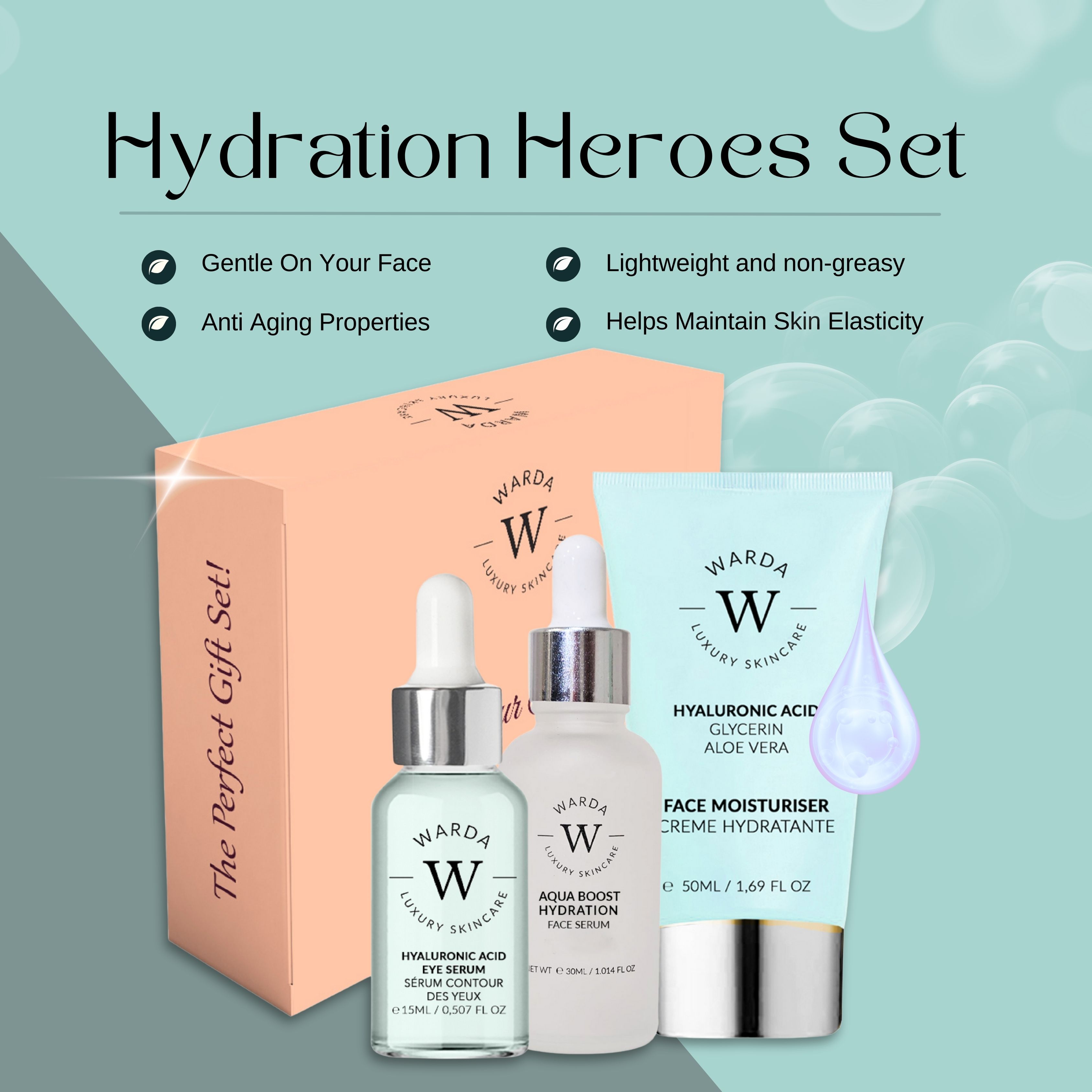 Coffret cadeau de soins de la peau. Comprend sérum, crème pour les yeux et hydratant. Sur fond bleu avec texte.
