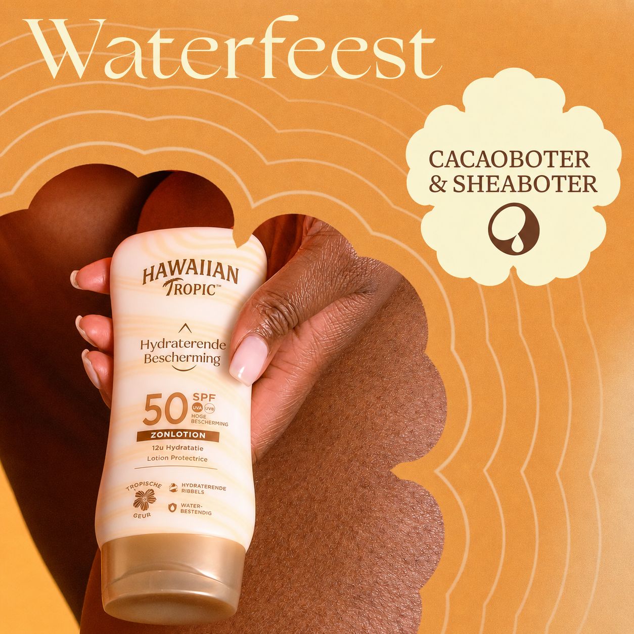 Hawaiian Tropic zonnebrandlotion SPF 50. Bevat cacaoboter en sheaboter.