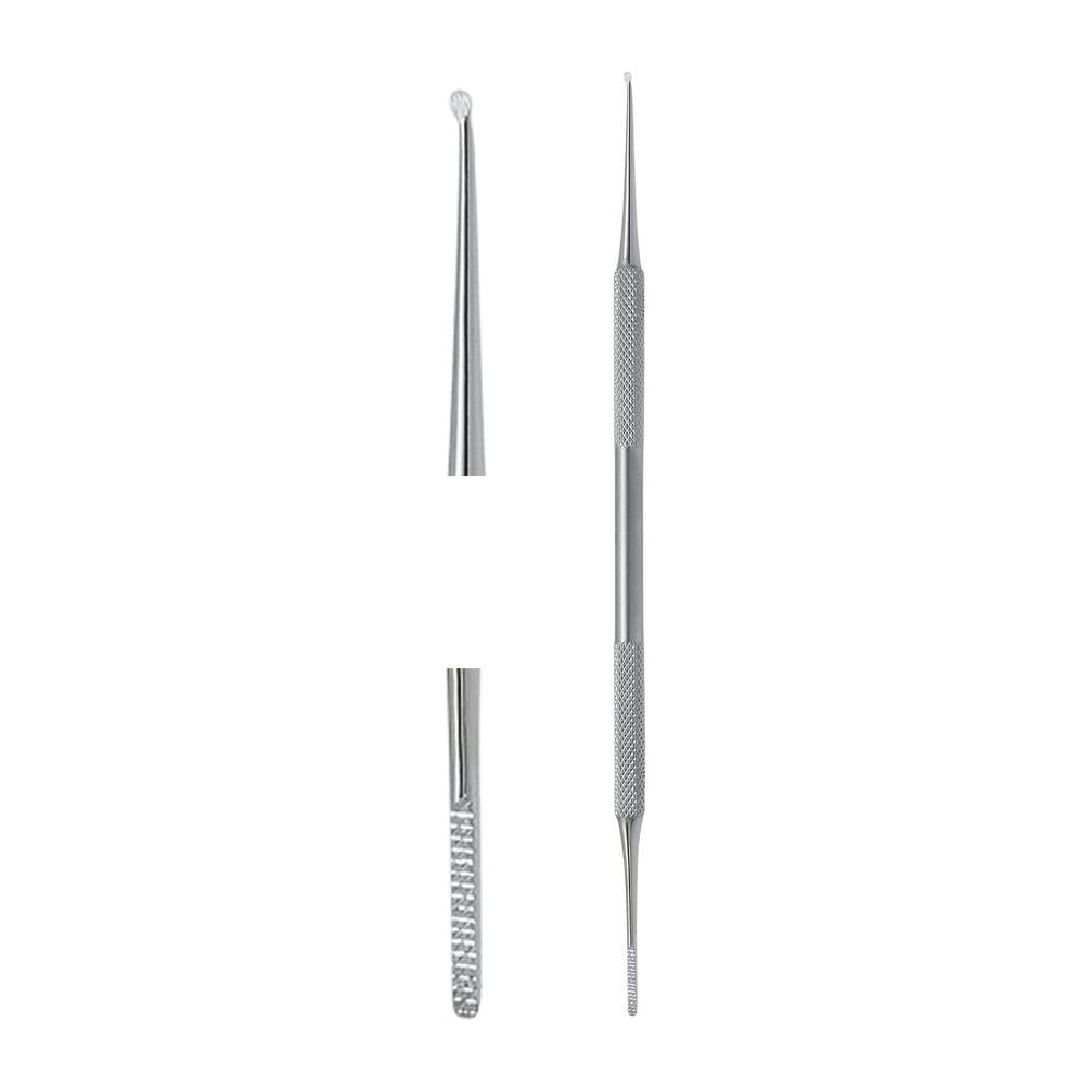 Deux instruments en acier inoxydable : un cure-ongle pointu et une lime à ongles avec extrémité sphérique.