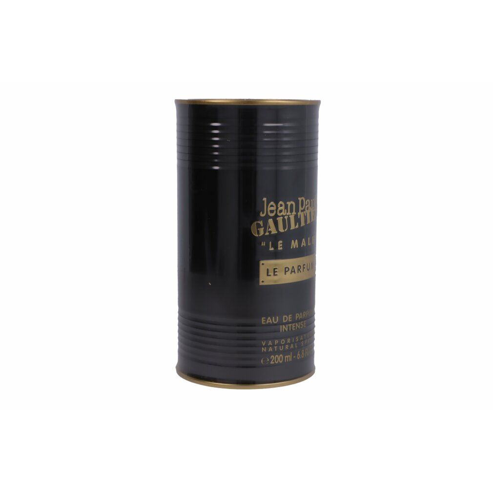 Zwarte cilindrische doos met gouden deksel. Opschrift: Jean Paul Gaultier, Le Male, Eau de Parfum Intense.