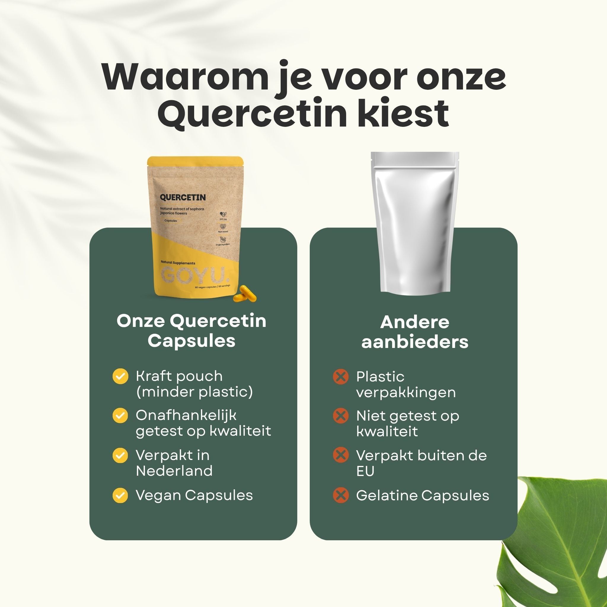 Kom met gele Quercetine capsules, 500 mg per capsule. Tekst over natuurlijke ingrediënten en tests.