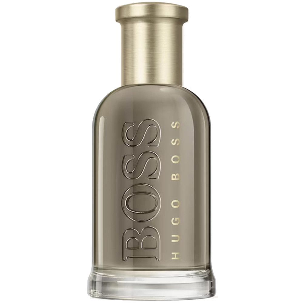Boss Bottled Eau de Parfum fles. Glazen fles met gouden dop. BOSS-logo in reliëf.