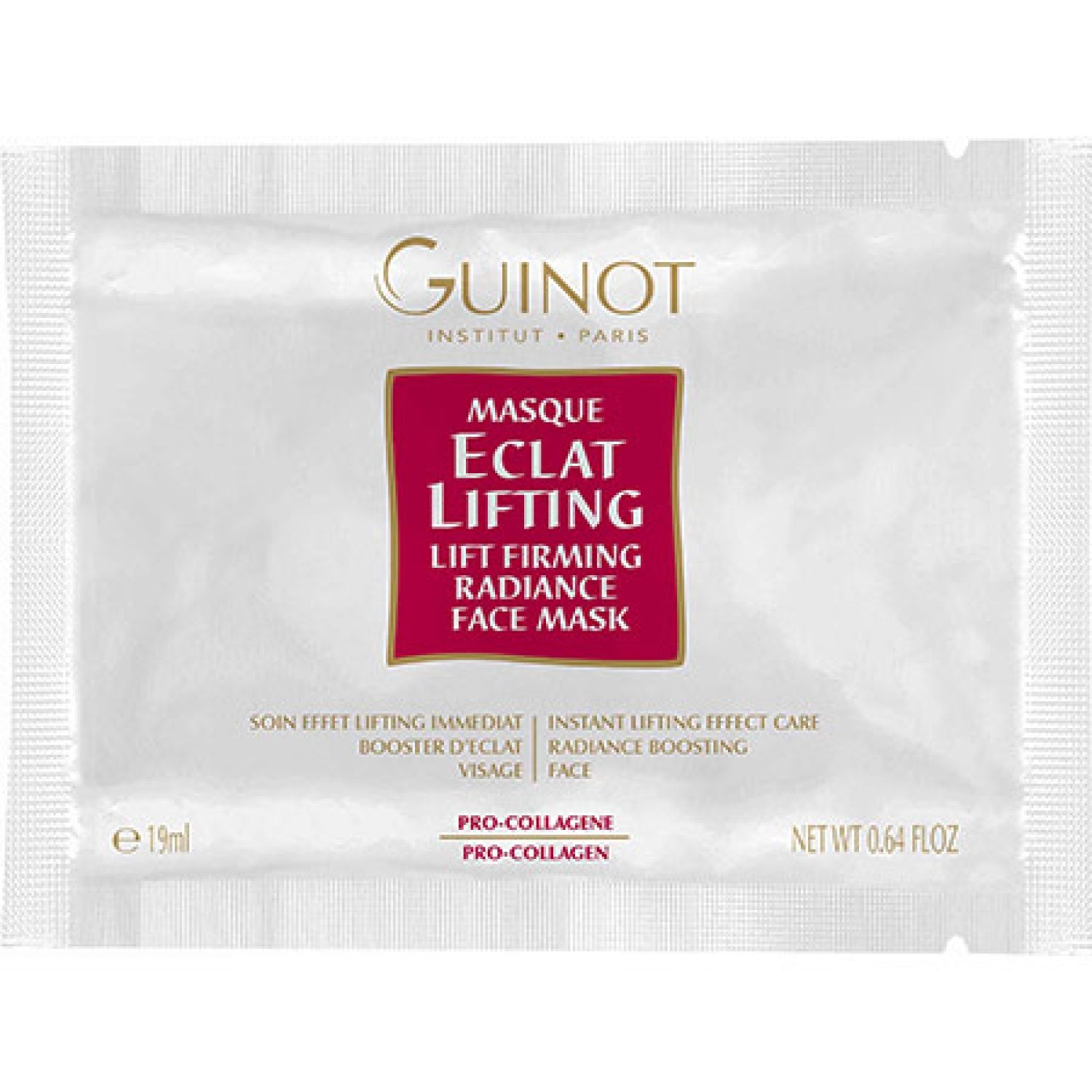 Sachet individuel de Masque Eclat Lifting Guinot. Sachet blanc avec rectangle rouge et informations produit. Texte: Lift Firming Radiance Face Mask.