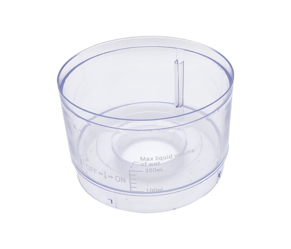 Transparante vernevelbeker met meetschaal. Opschrift: Max. vloeistofvolume, 350ml, 100ml. Met ON/OFF markering.