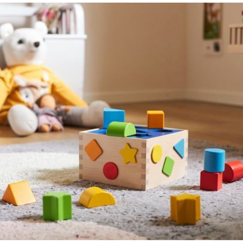 Houten kist met gekleurde vormen om in te zetten. Verschillende geometrische vormen en kleuren. Blauwe dekselplaat met uitsparingen. Op tapijt.