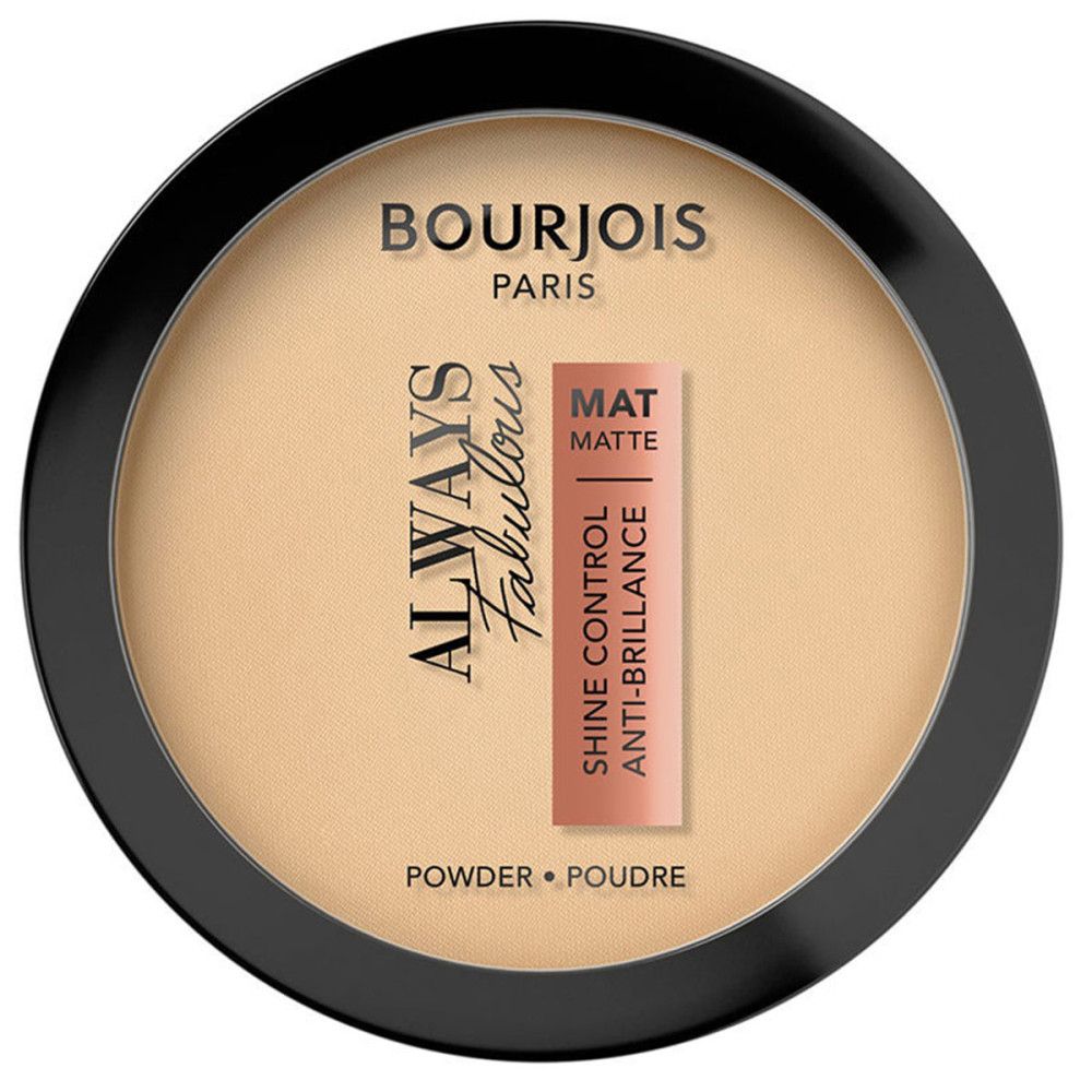 Ronde zwarte compactpoeder. Beige poederoppervlak met tekst: Bourjois Paris, Always Fabulous, Shine Control. Roze sticker: Mat Matte.