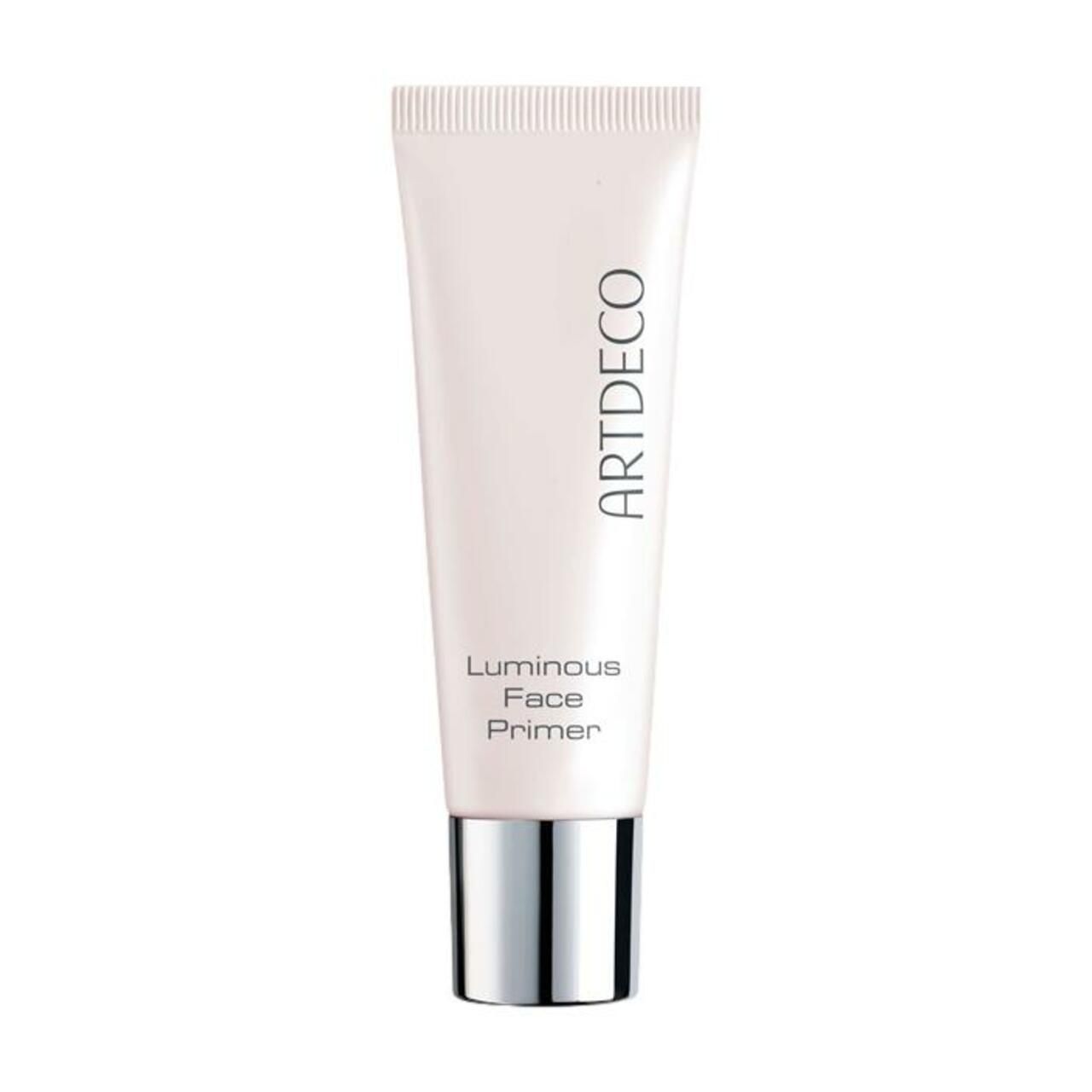Tube de Luminous Face Primer Artdeco. Tube blanc avec bouchon argenté. Nom du produit et marque imprimés.