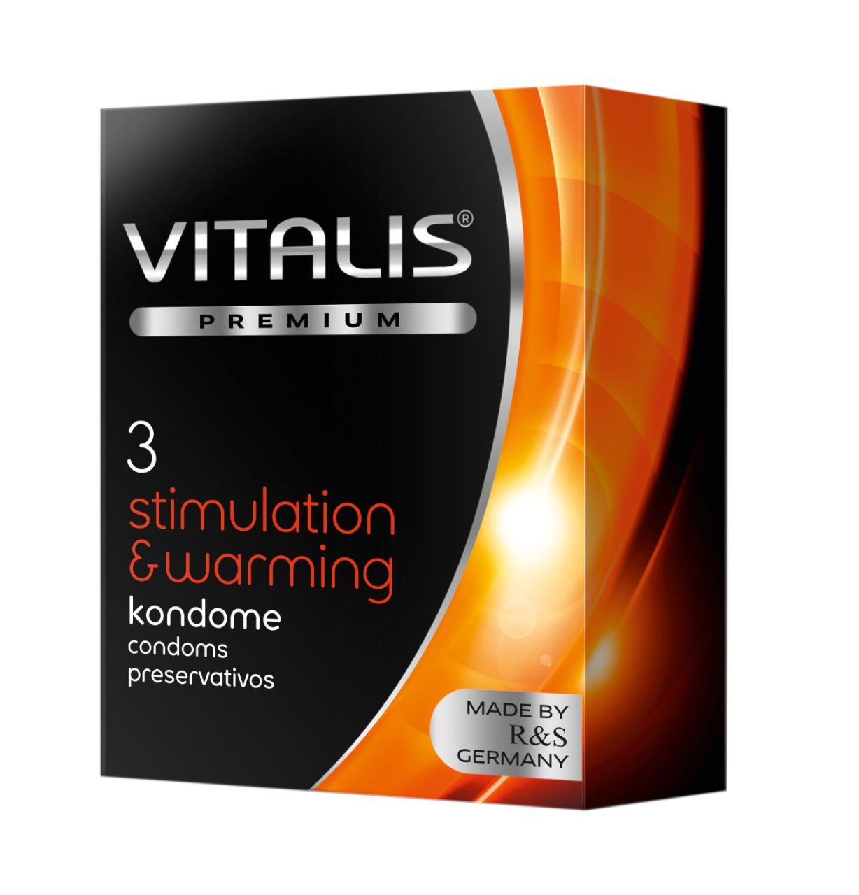Boîte noire avec texte "3 stimulation & warming". Fabriqué en Allemagne. Marque Vitalis.