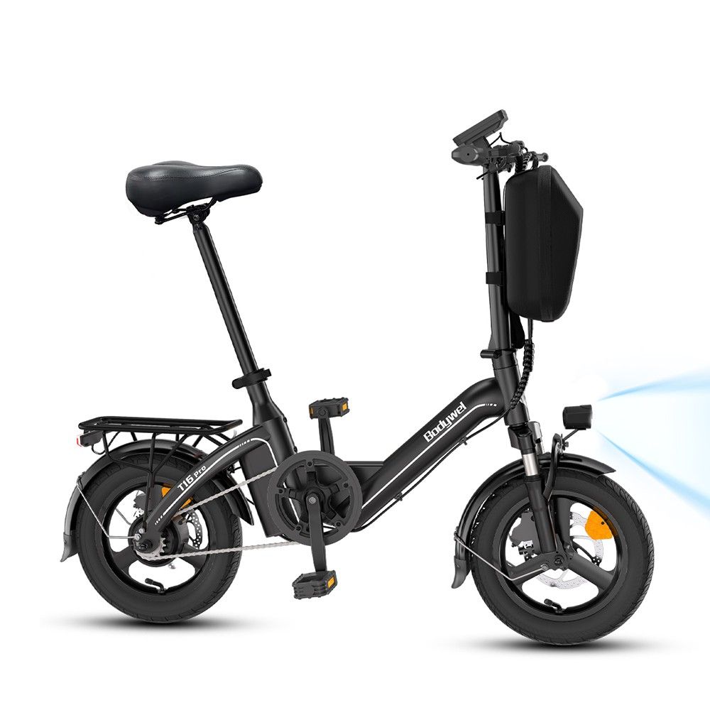 Vélo électrique noir avec porte-bagages, phare et sac batterie. Inscription "T16 Pro".