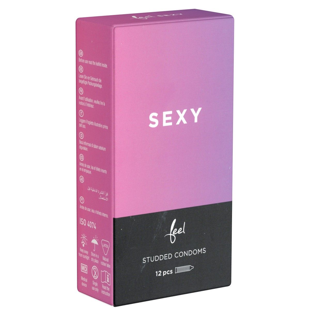 Doosje condooms. Roze en zwarte verpakking met "SEXY" en "feel". "Studded Condoms", 12 stuks.