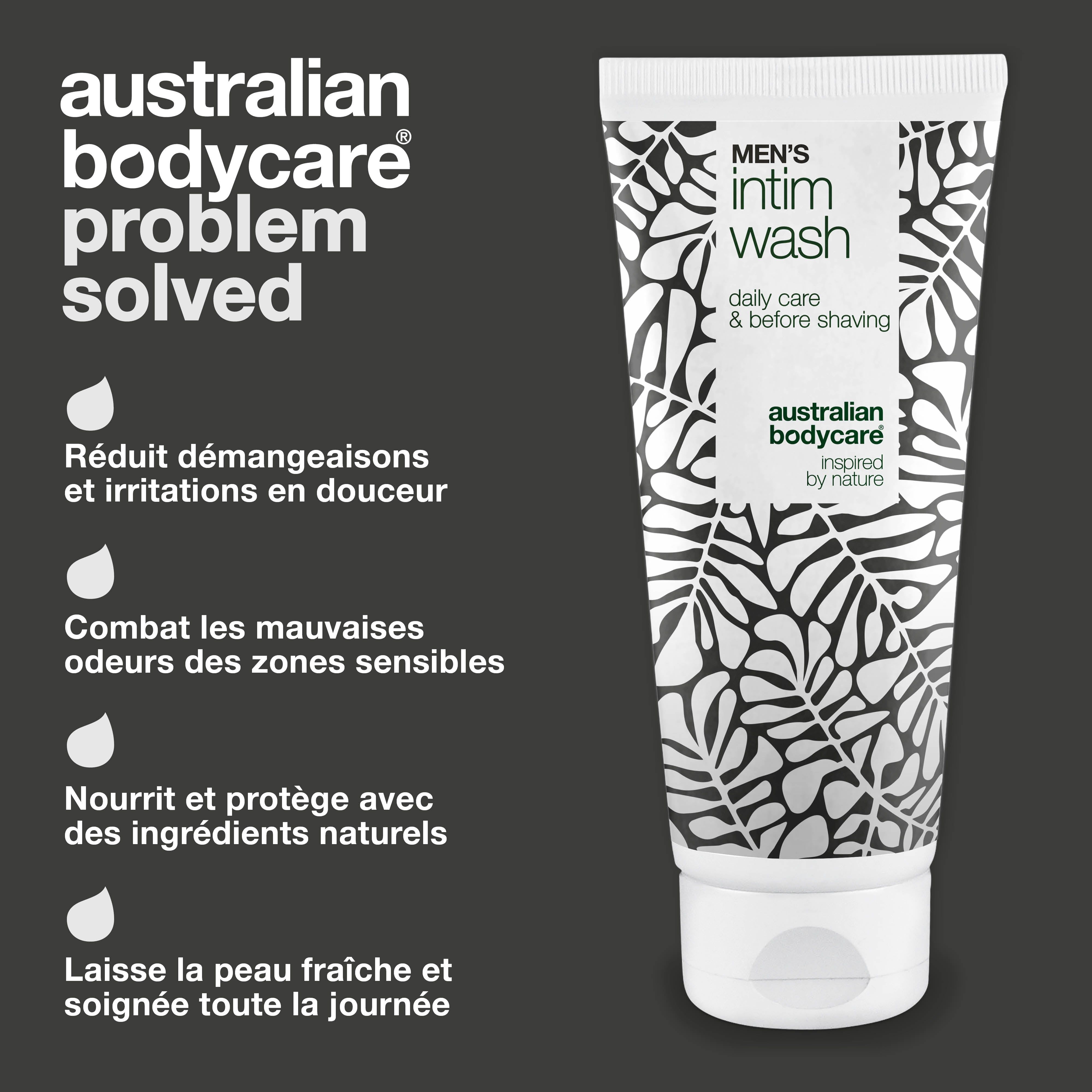 Image produit avec texte. Tube gel intime. Texte: Australian Bodycare, Men's Intim Wash. Liste: Réduit démangeaisons, etc.