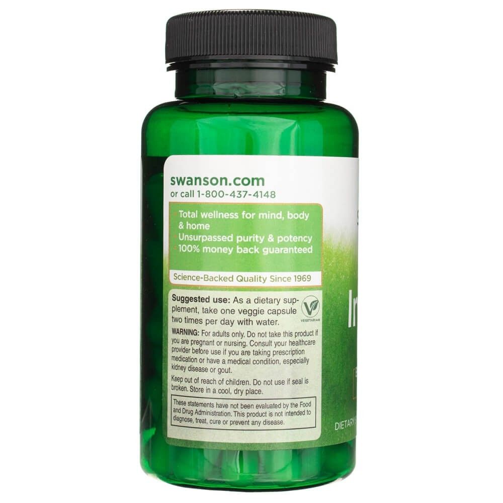 Bouteille verte avec bouchon noir, étiquette avec informations sur Swanson.com et posologie.