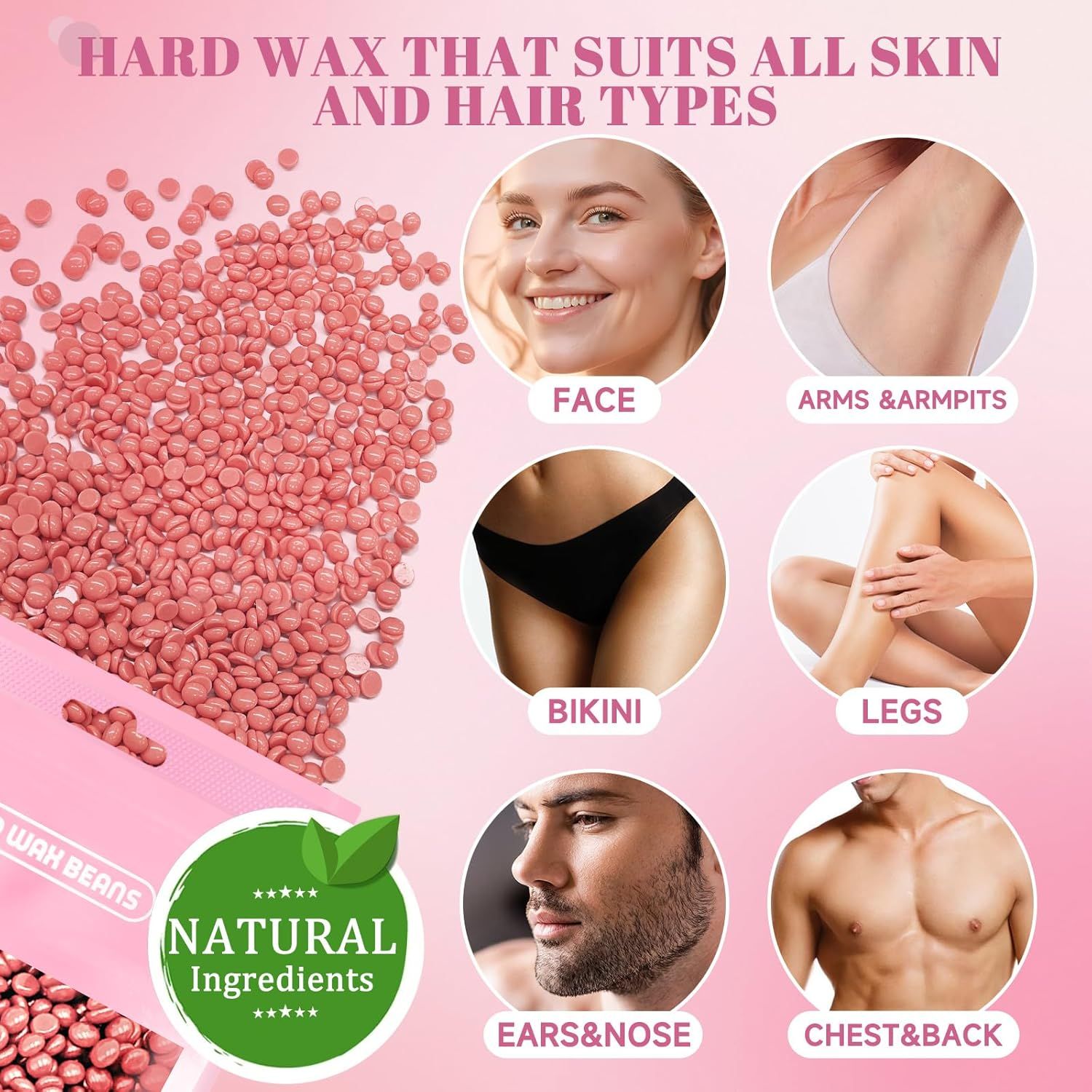 Roze wax kralen in een verpakking. Illustraties tonen ontharingsgebieden: gezicht, armen, oksels, bikini, benen, oren, borst.