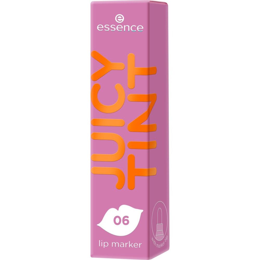 Emballage "essence JUICY TINT lip marker" violet avec écriture orange.