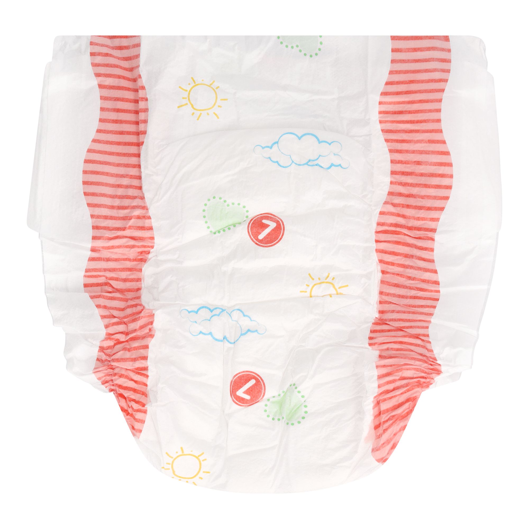 Witte luier met rode strepen, gele zonnen, groene harten en blauwe wolken. Maat 7.