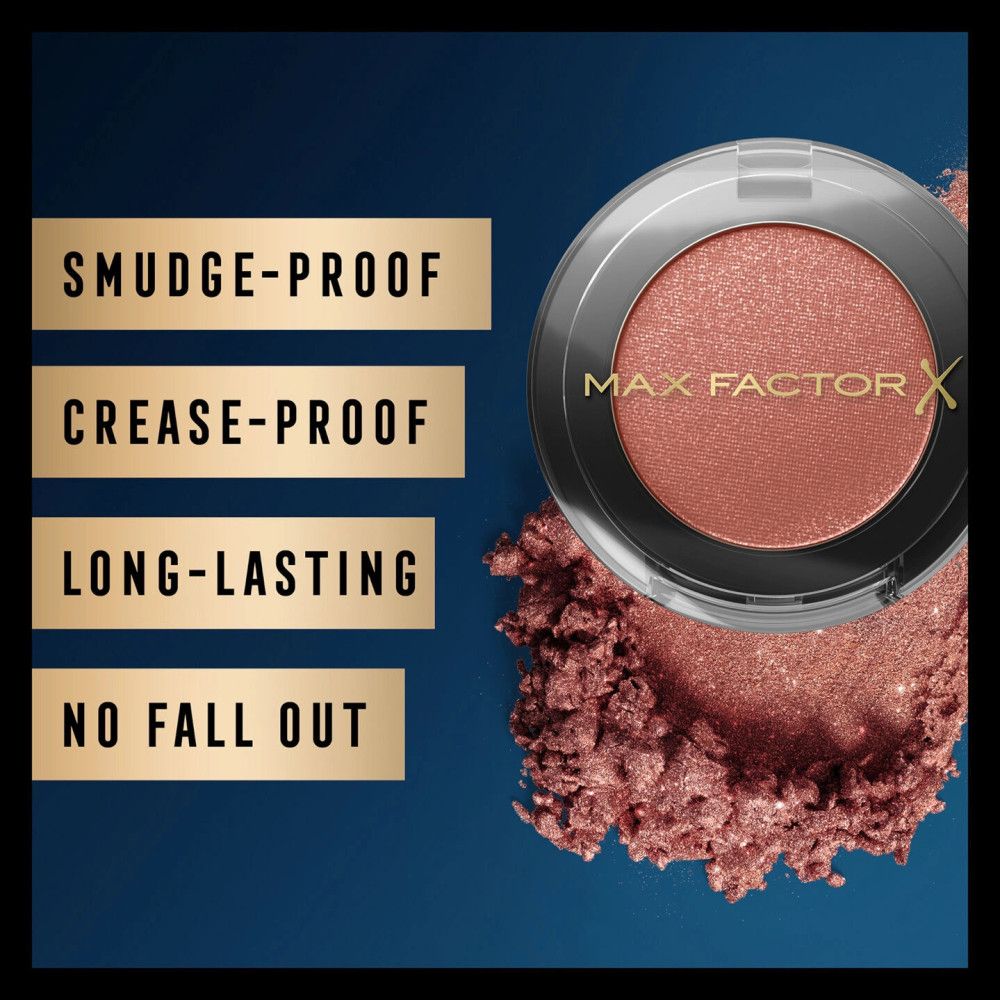 Oogschaduw met teksten: Smudge-Proof, Crease-Proof, Long-Lasting, No Fall Out. Max Factor oogschaduw in verpakking.