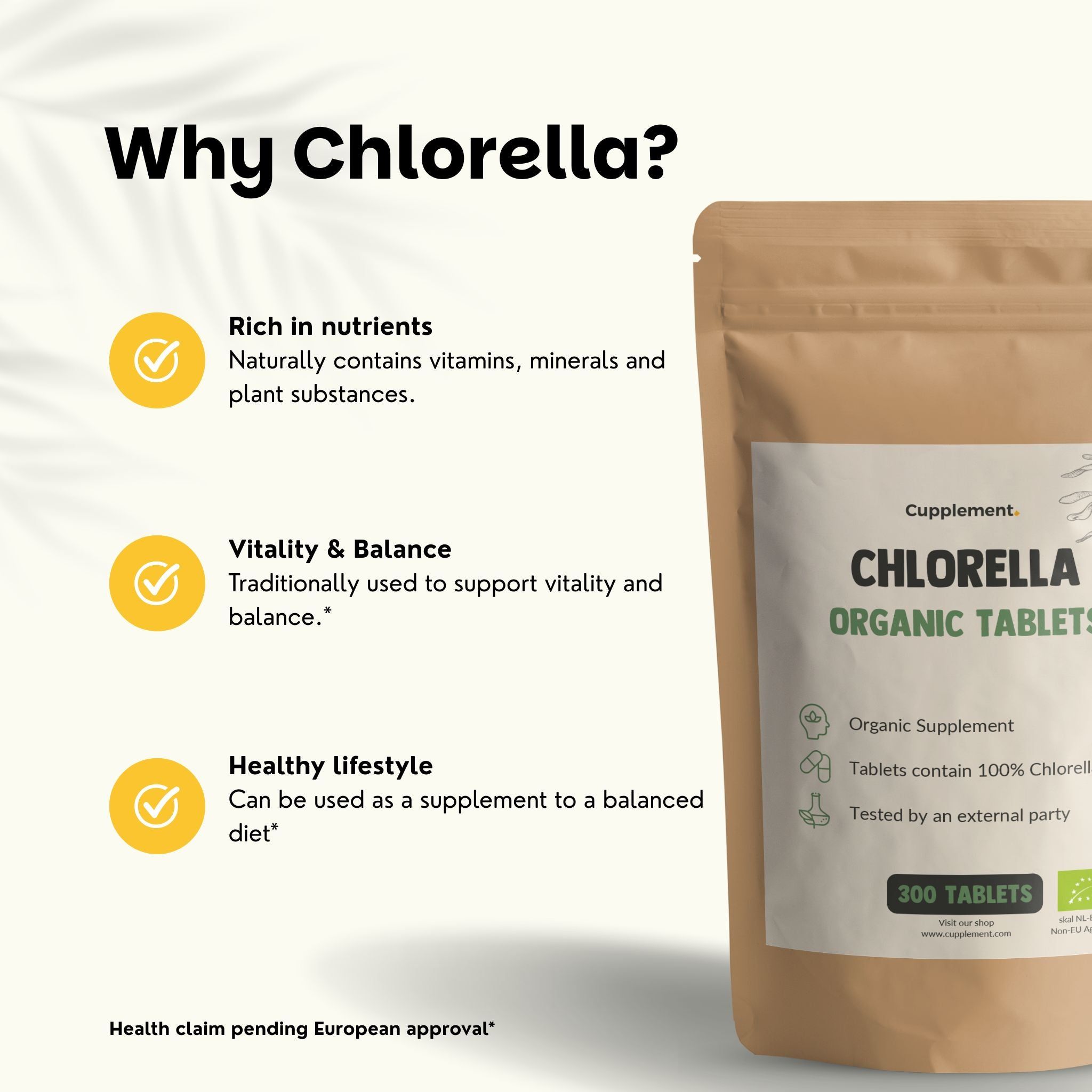 Sachet de comprimés de chlorelle bio. Texte : Pourquoi la chlorelle ?, riche en nutriments, vitalité et équilibre, mode de vie sain.