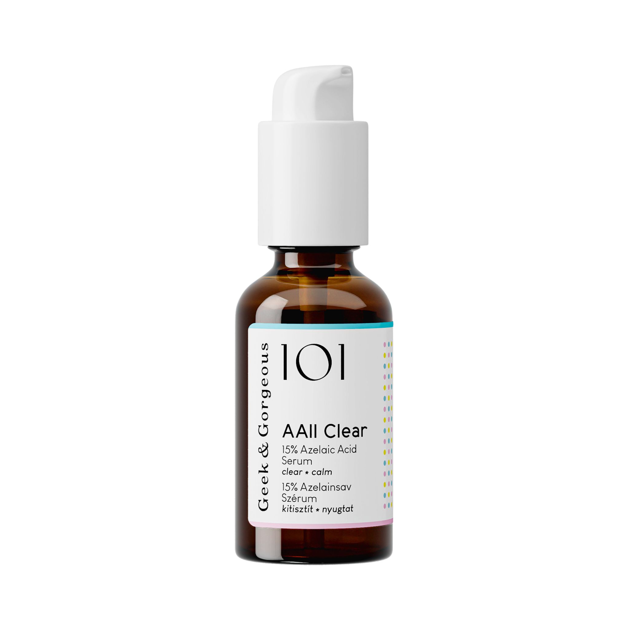 Bruine glazen fles met witte pompdispenser. Etiket toont '101 AAll Clear 15% Azelaic Acid Serum'.