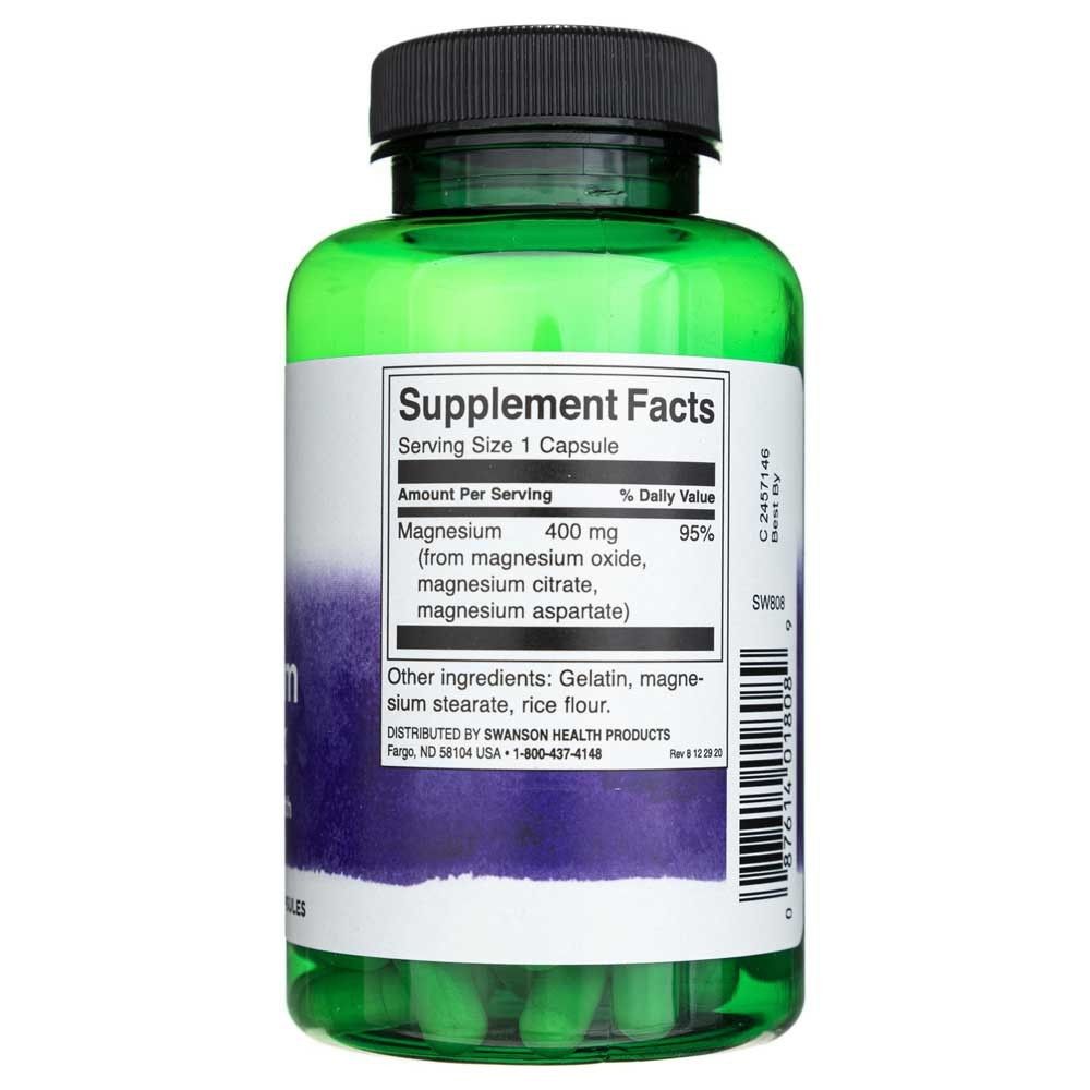 Arrière d'une bouteille Swanson Triple Magnesium Complex 400 mg, montrant les informations nutritionnelles et les ingrédients.