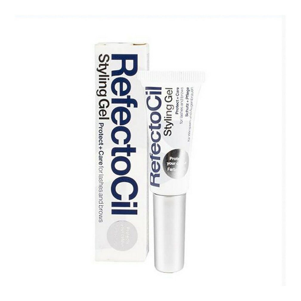 RefectoCil Styling Gel tube en doos. Tube en doos met zilveren accenten. Opschrift: Styling Gel, Protect + Care.