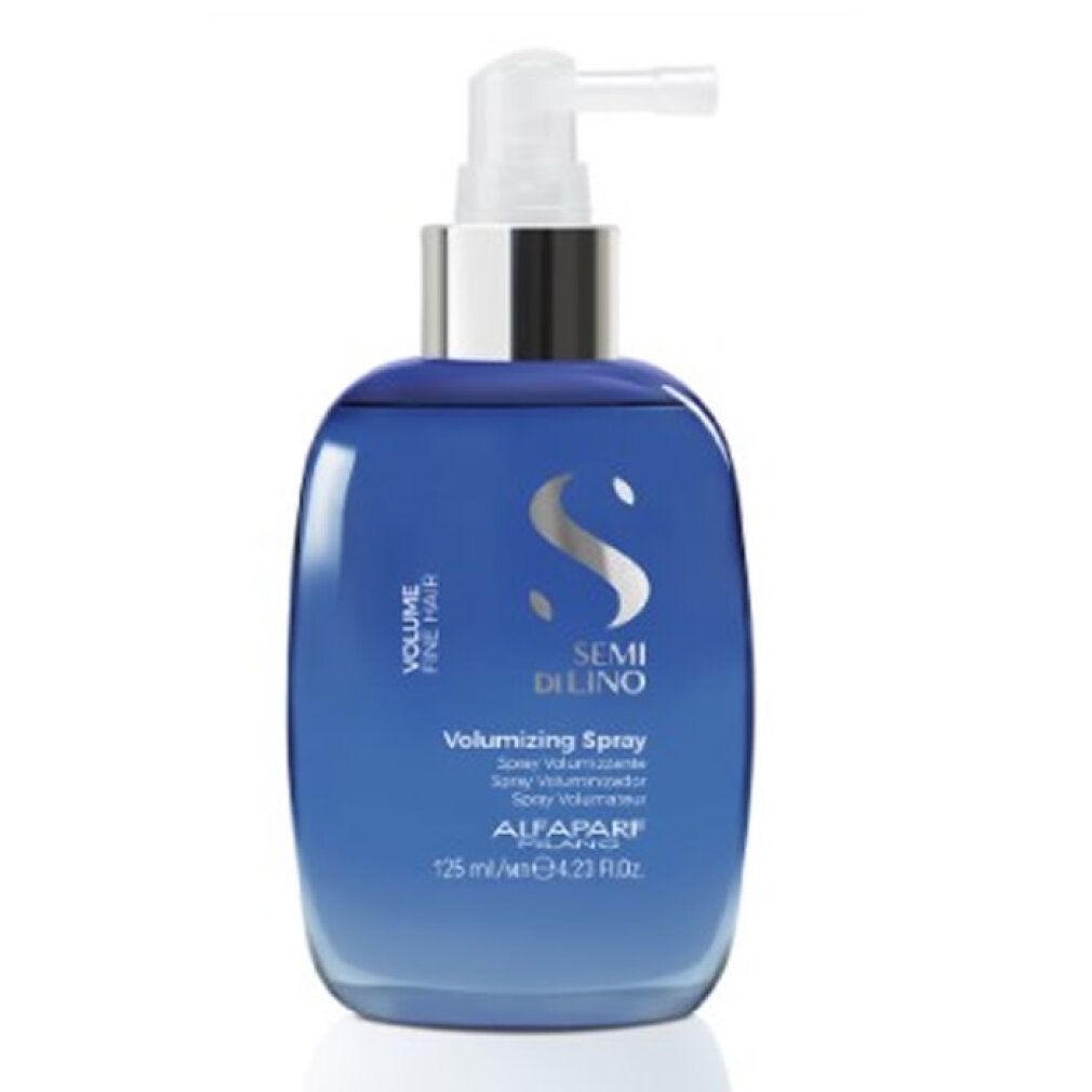 Flacon spray bleu avec pompe argentée, étiqueté 'Semi di Lino Volumizing Spray'.