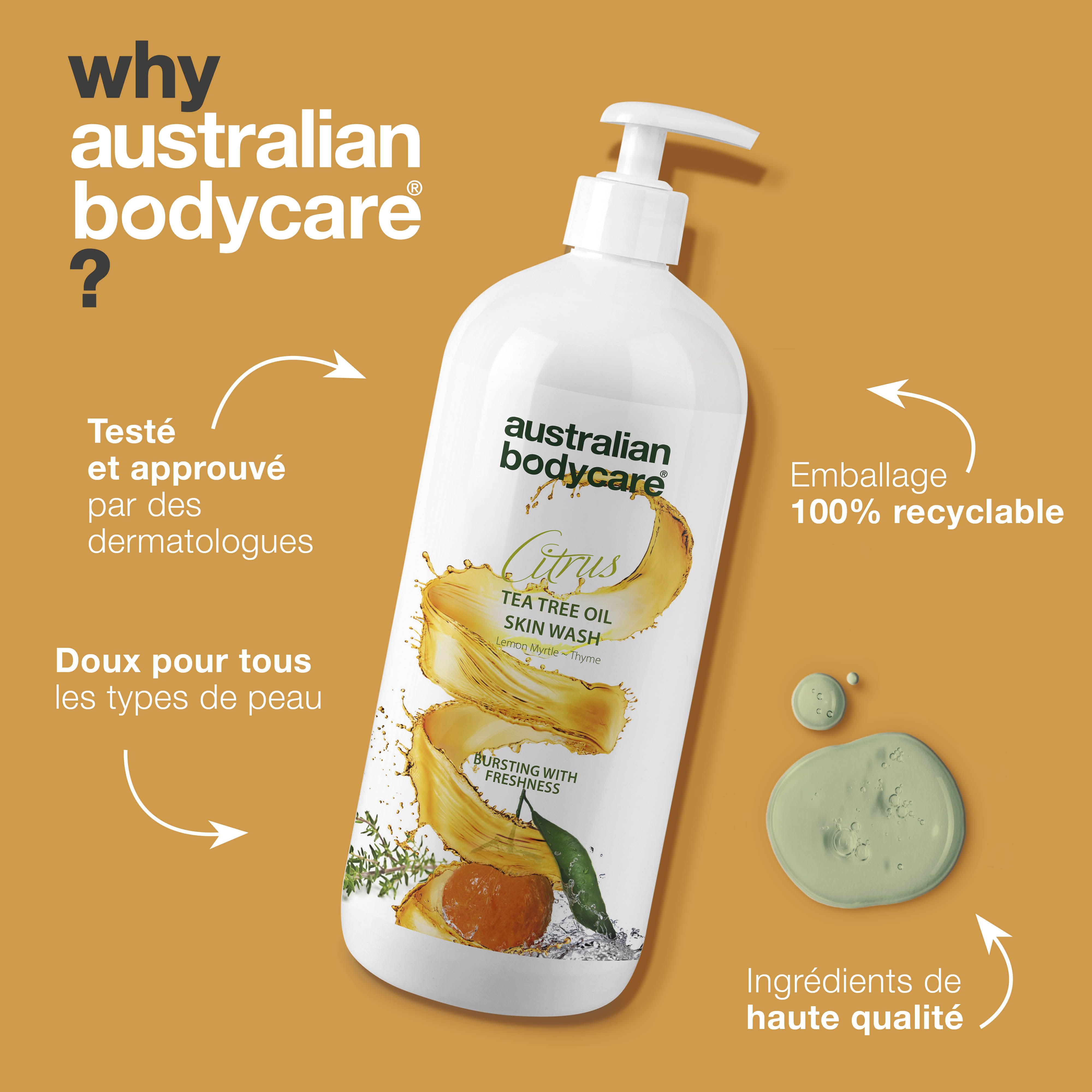 Flacon Australian Bodycare Citrus Skin Wash. Texte: Testé et approuvé par des dermatologues. 100% recyclable.