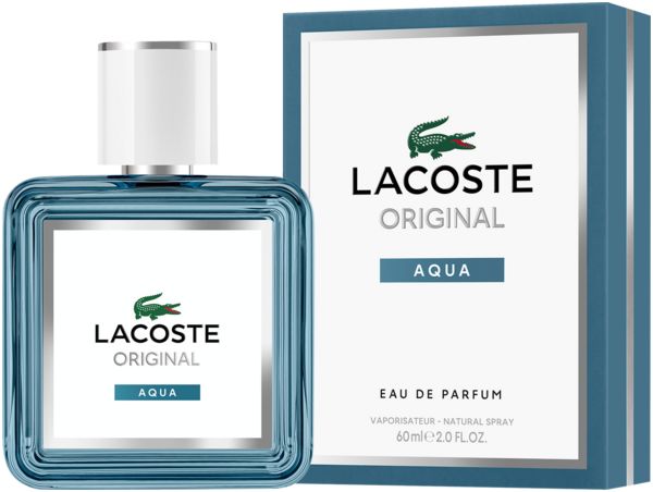 Lacoste Original Aqua Eau de Parfum fles en doos. Lichtblauwe vloeistof, zilveren dop.