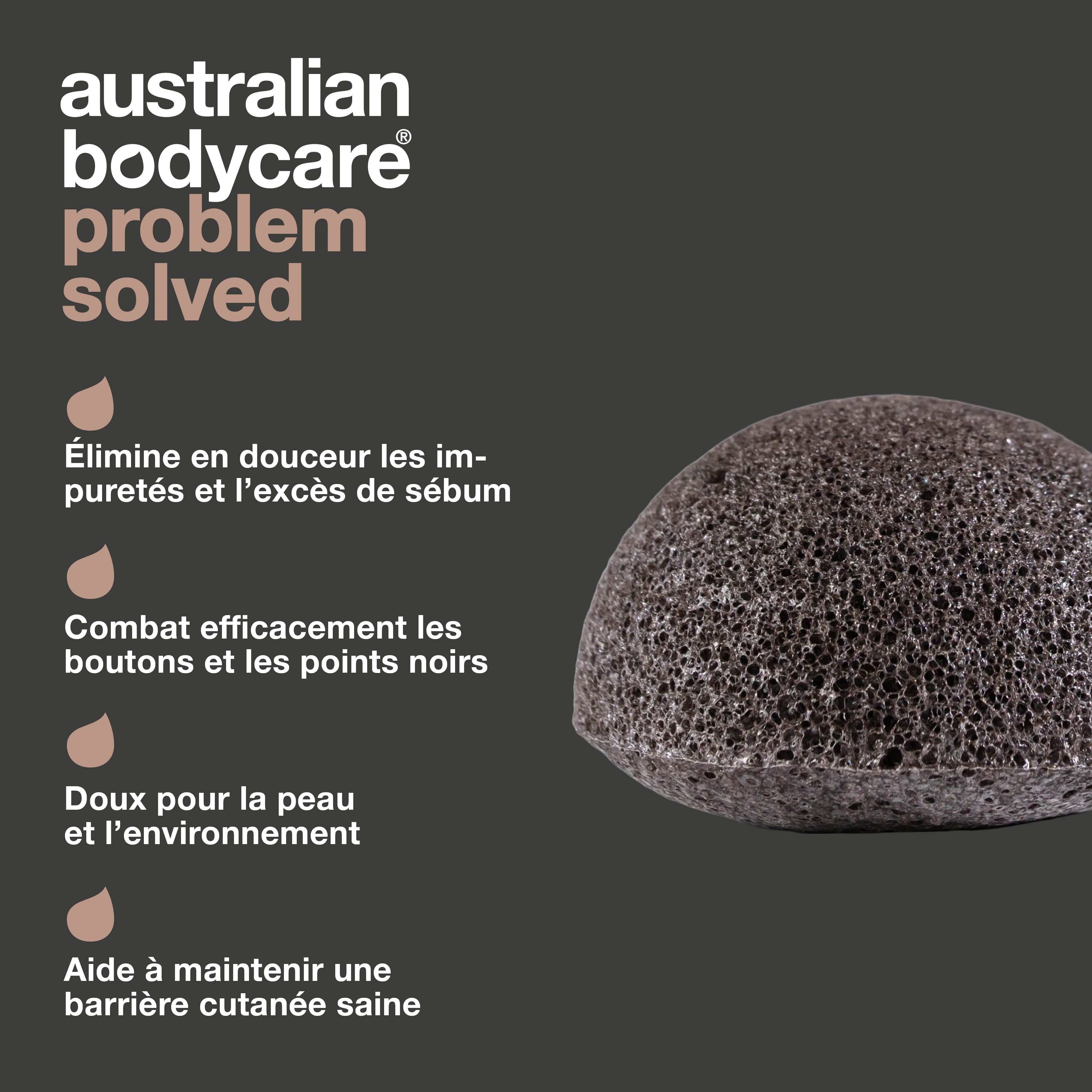 Éponge Konjac. Texte : Australian Bodycare, problème résolu. Élimine les impuretés, combat les boutons, doux pour la peau.