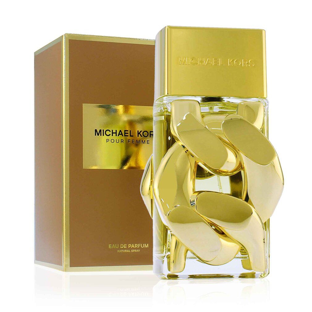 Flacon et emballage Michael Kors Pour Femme Eau de Parfum, chaîne dorée.