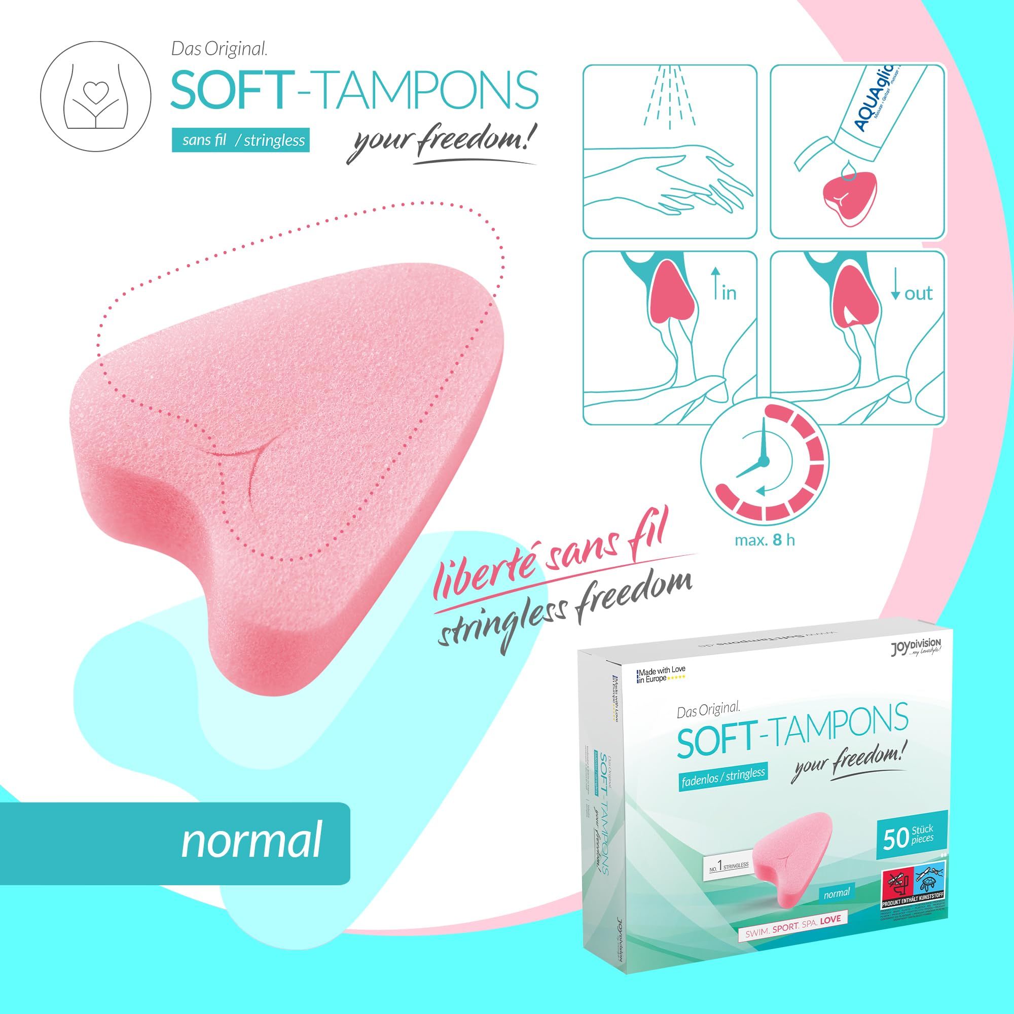 Boîte de 50 Soft-Tampons, normal, sans fil. Un tampon rose est représenté.