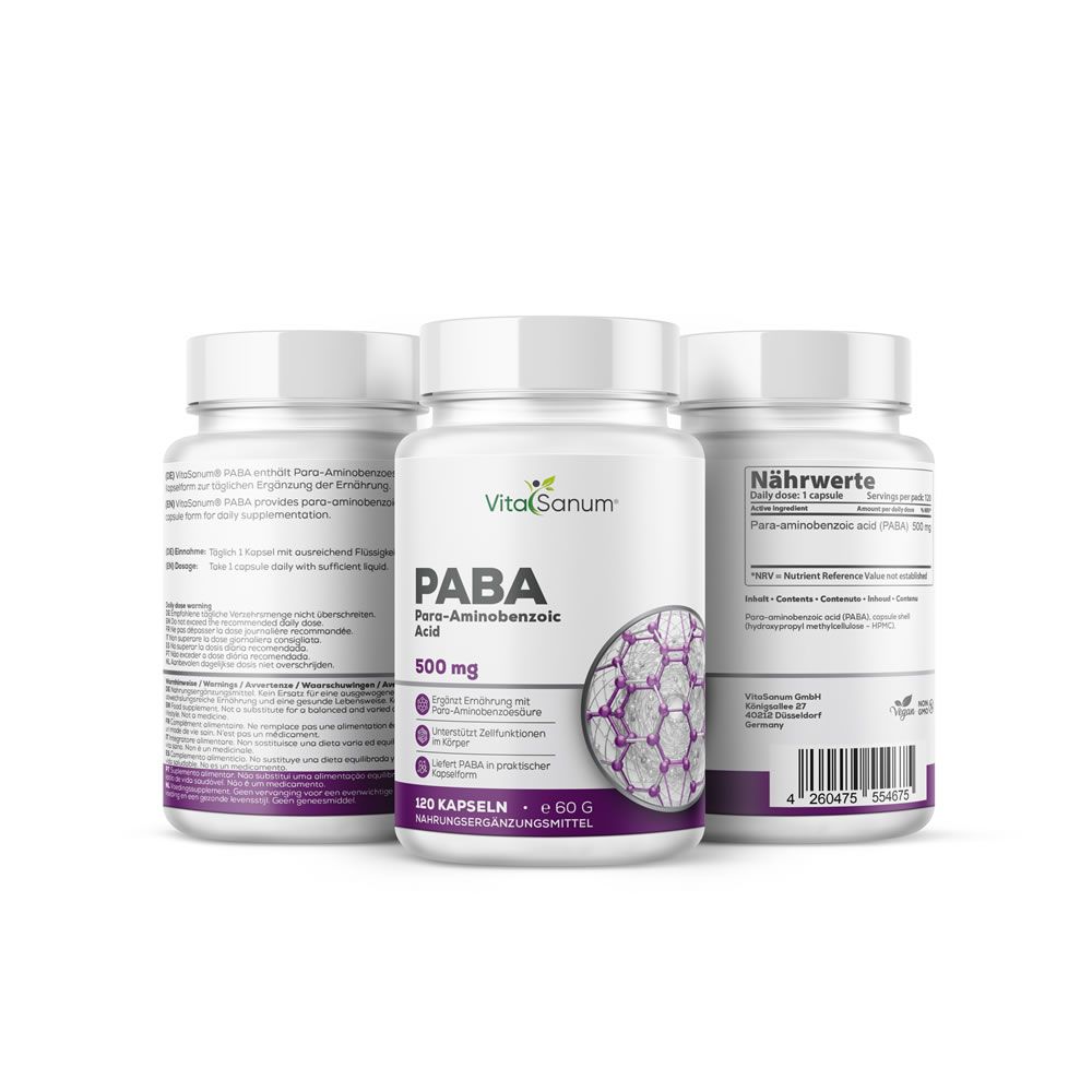 Drie witte flessen met etiketten. Op één staat: VitaSanum PABA Para-Aminobenzoic Acid 500 mg. 120 capsules. Voedingssupplement.