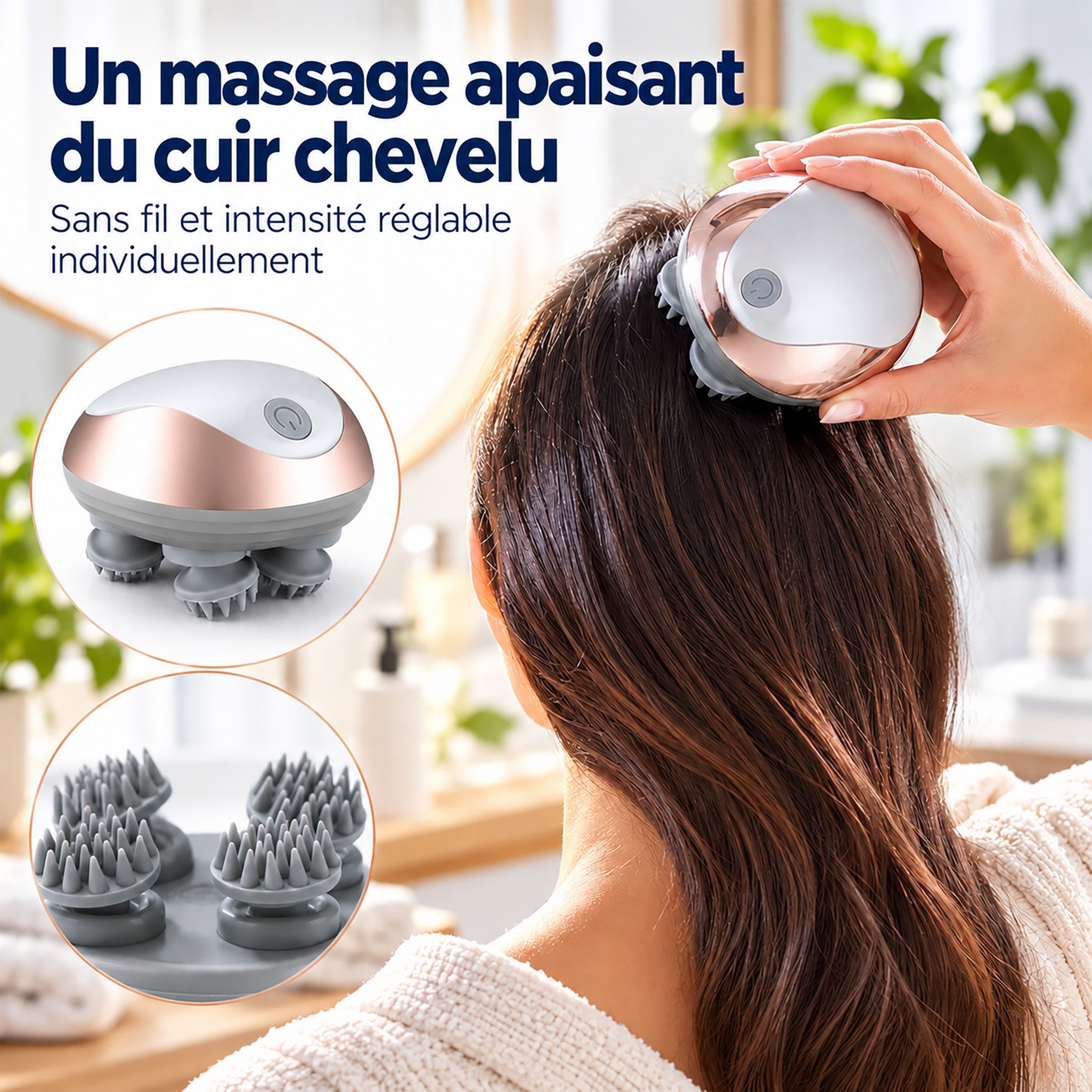 Masseur de tête avec quatre têtes de massage flexibles en silicone, blanc et or rose.