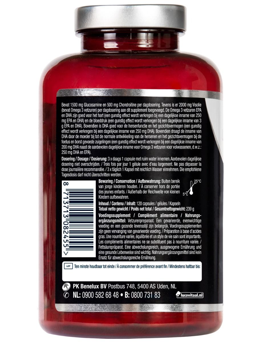 Achterkant fles met tekst. Bevat 120 capsules. Informatie over ingrediënten en voedingswaarde.