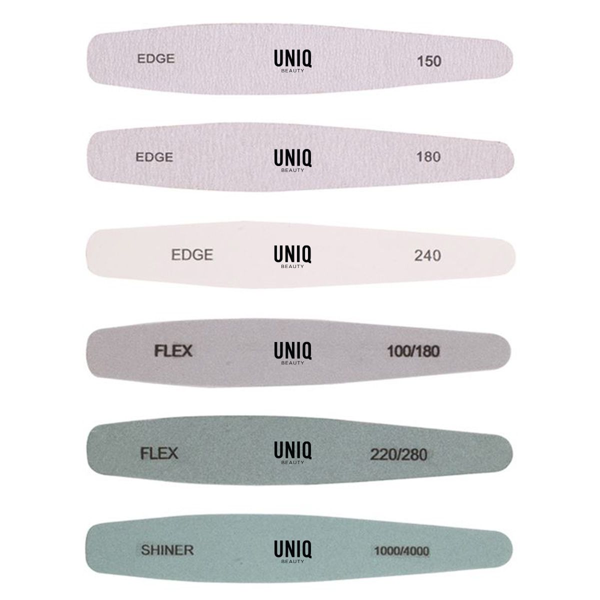 Zes UNIQ Beauty nagelvijlen in verschillende gritmaten: 150, 180, 240, 100/180, 220/280, 1000/4000.