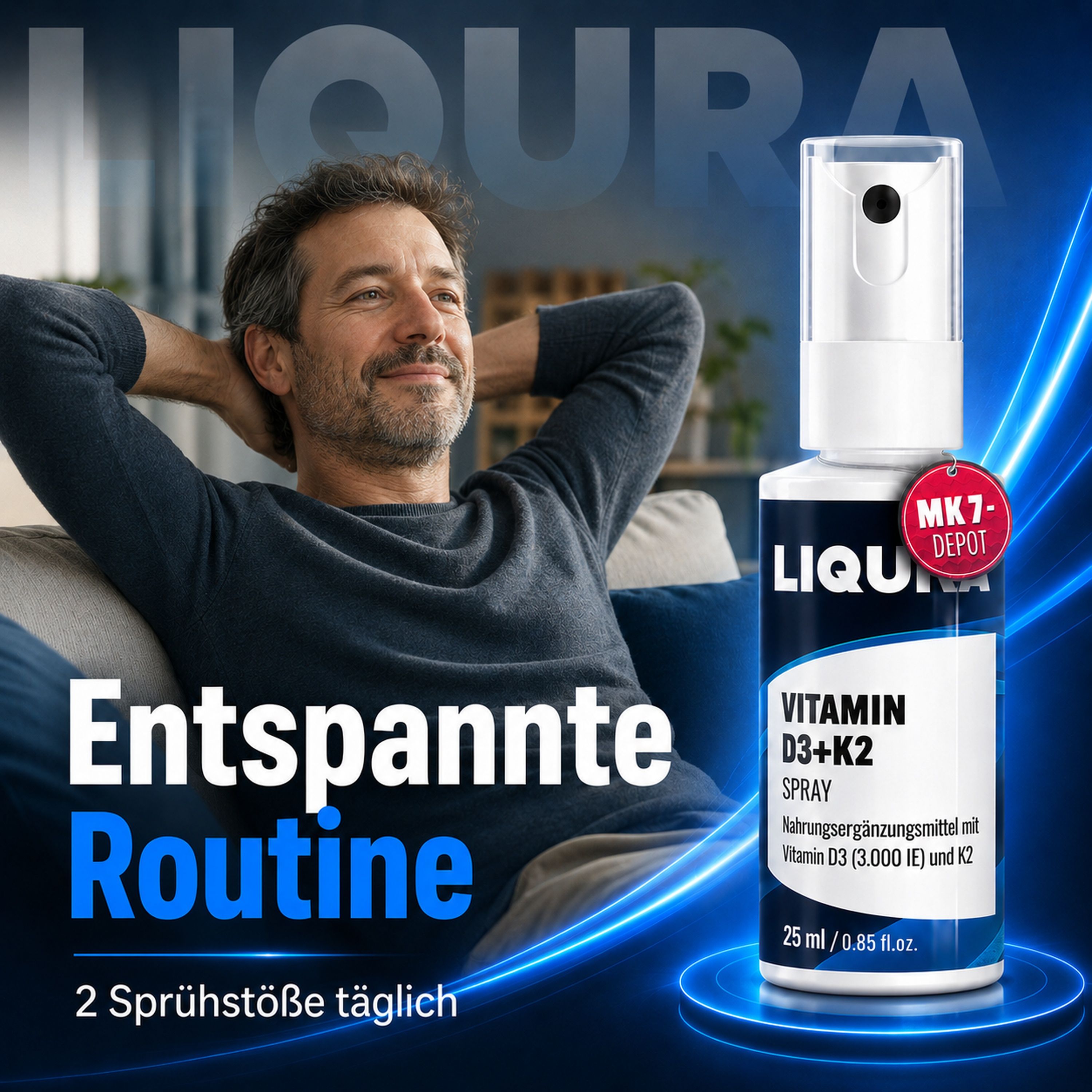 Homme détendu sur canapé avec spray LIQURA Vitamine D3+K2. Routine détendue.