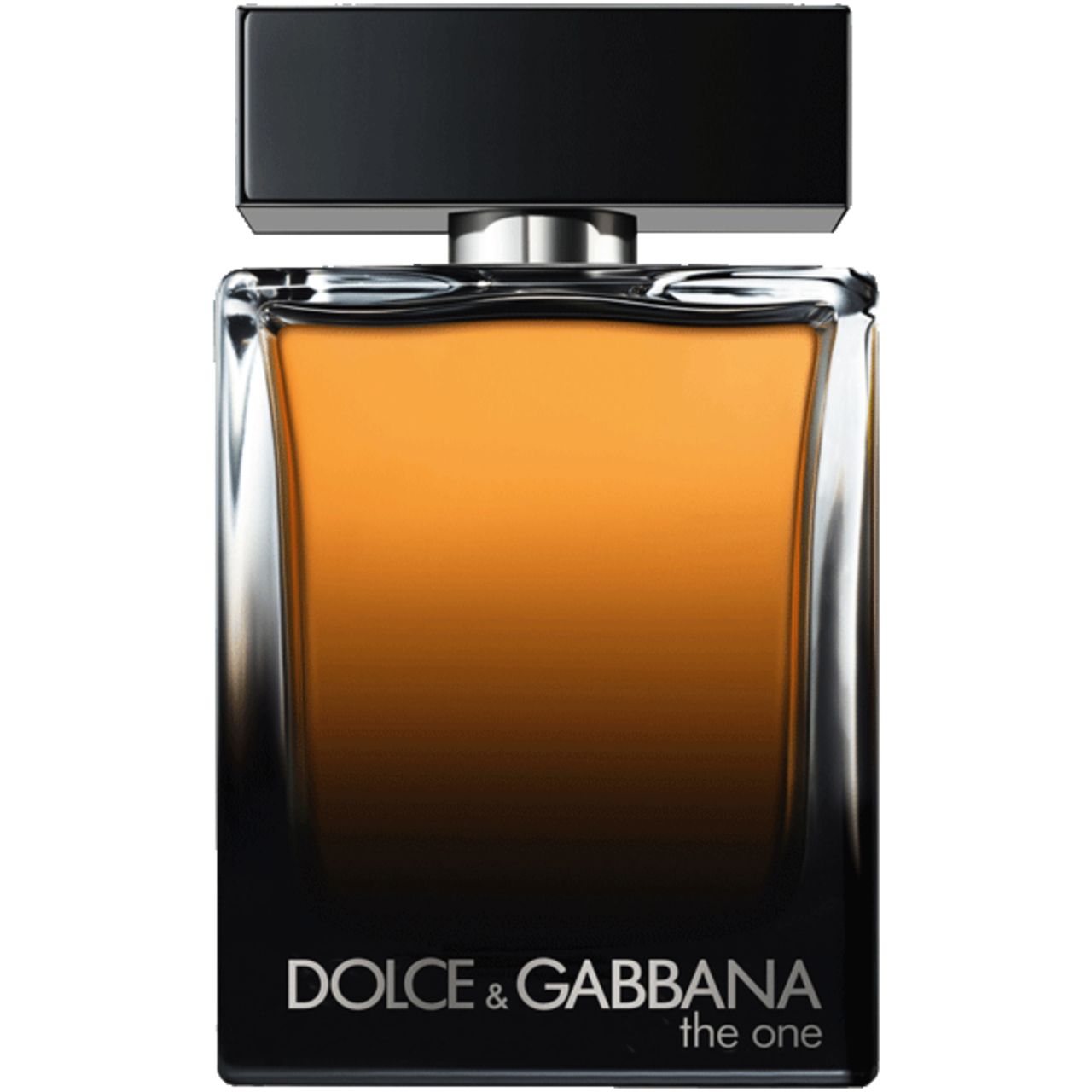 Flacon Dolce & Gabbana The One For Men. Bouchon noir, flacon rectangulaire, liquide ambré. Vaporisateur argenté.