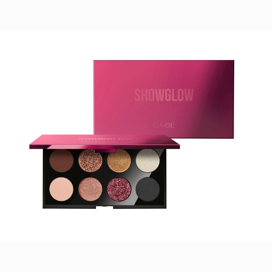Oogschaduwpalet met acht ronde tinten. Zwart frame, roze verpakking met opschriften "SHOWGLOW" en "GA-DE".