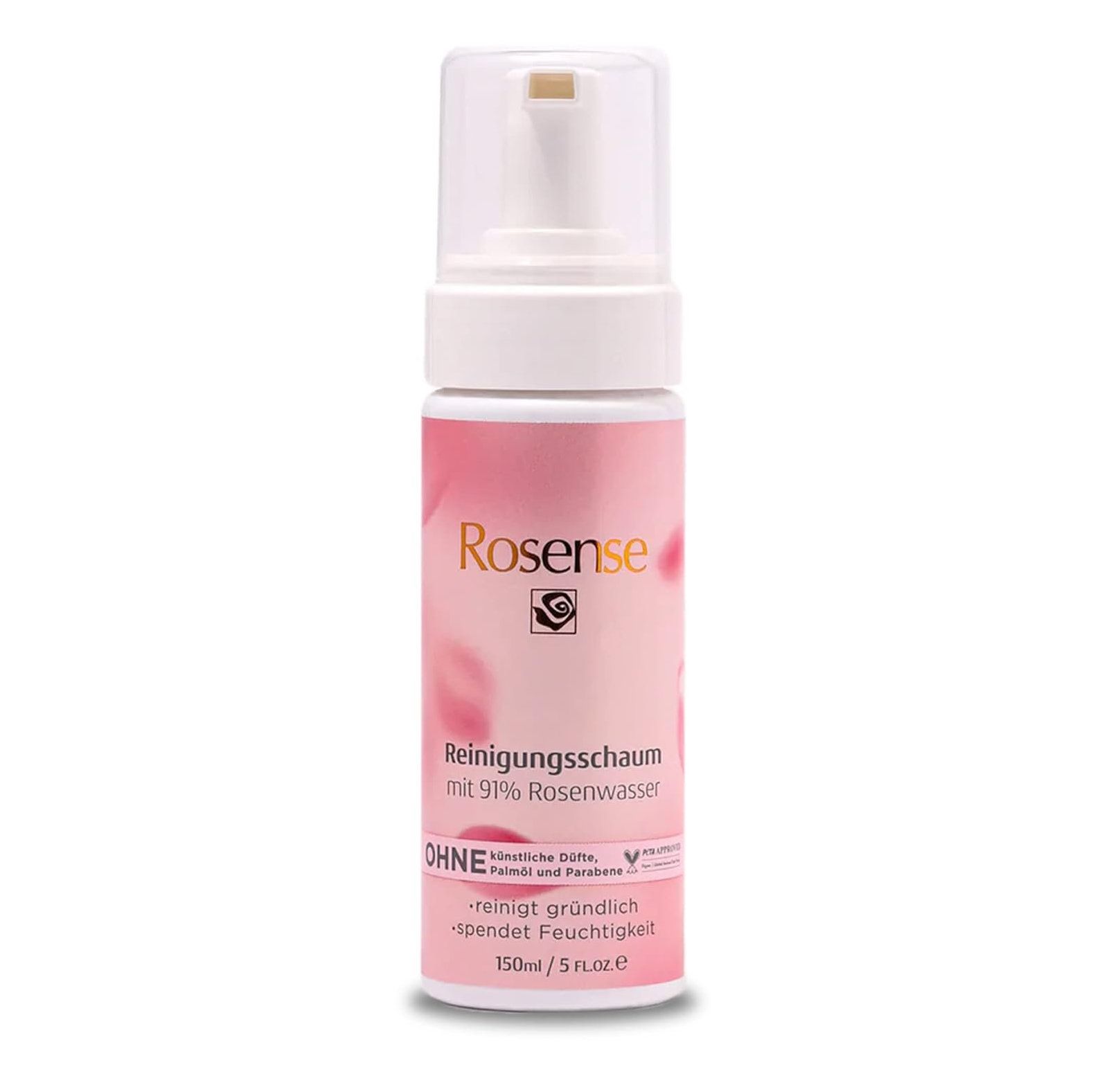Flacon de mousse nettoyante Rosense, distributeur blanc, étiquette rose. Texte: 91% eau de rose, sans parfums artificiels.