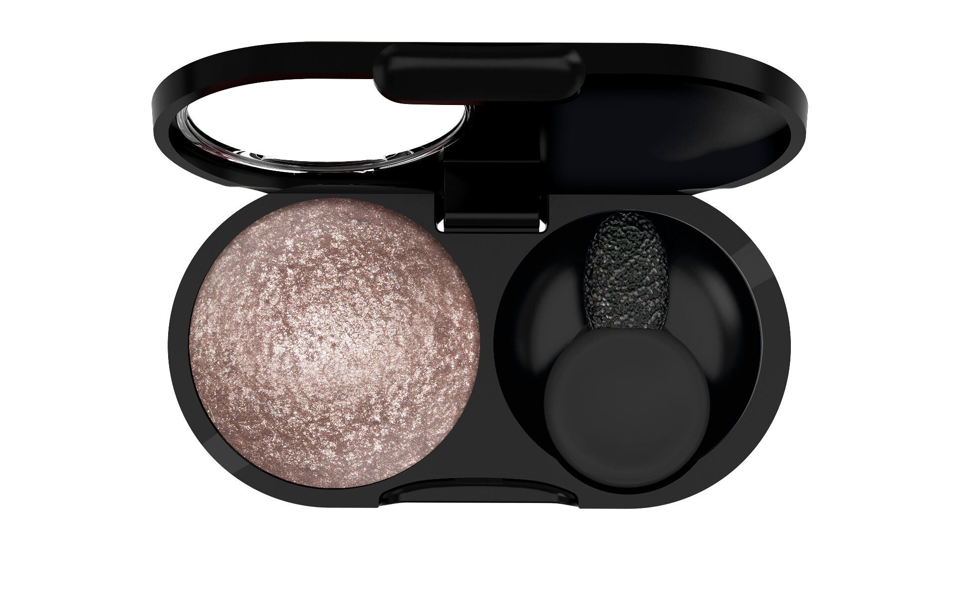 Ombre à paupières compacte dans un boîtier noir avec miroir et applicateur. Contient une ombre à paupières ronde de couleur brun clair.