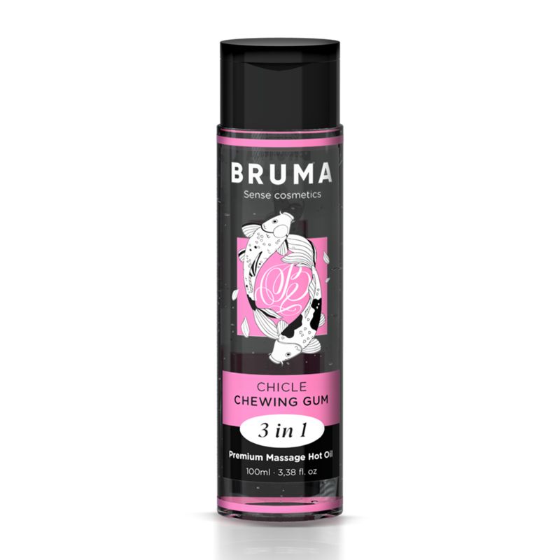 BRUMA 3-in-1 massageolie fles met koi-visontwerp en zwarte dop.