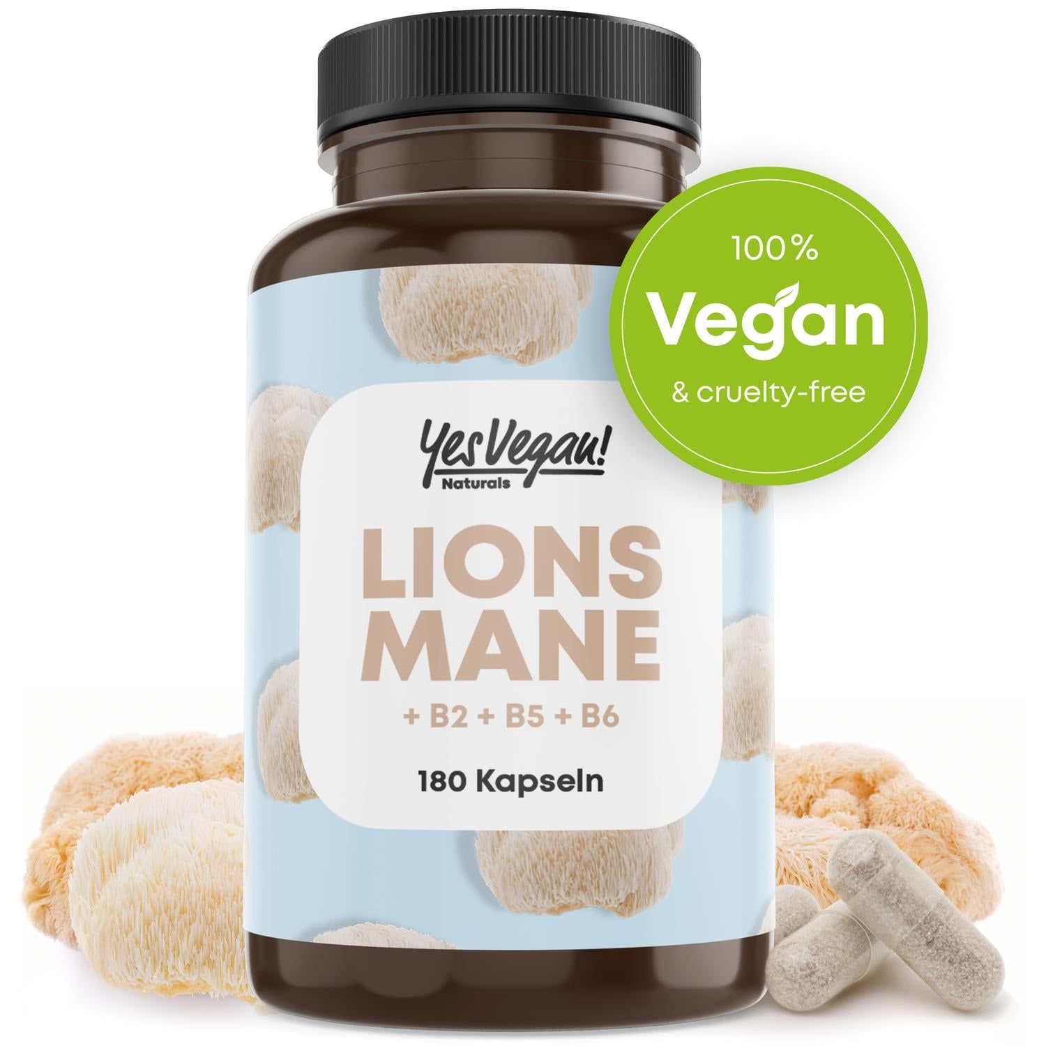 Bruine capsulefles met Yes Vegan Naturals Lions Mane opdruk, 180 capsules. 100% Vegan & cruelty-free keurmerk.