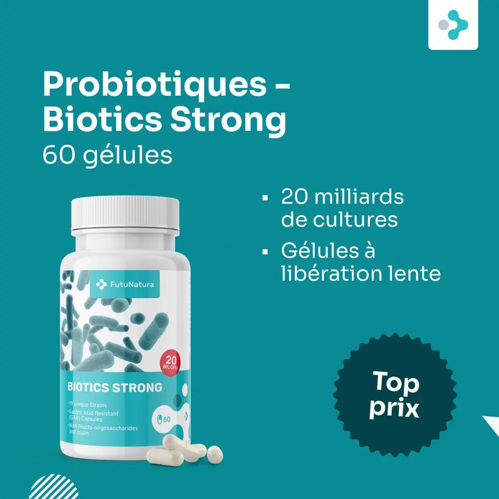 Image du produit sur fond bleu. Flacon avec gélules. Texte : Probiotiques - Biotics Strong, 60 gélules.
