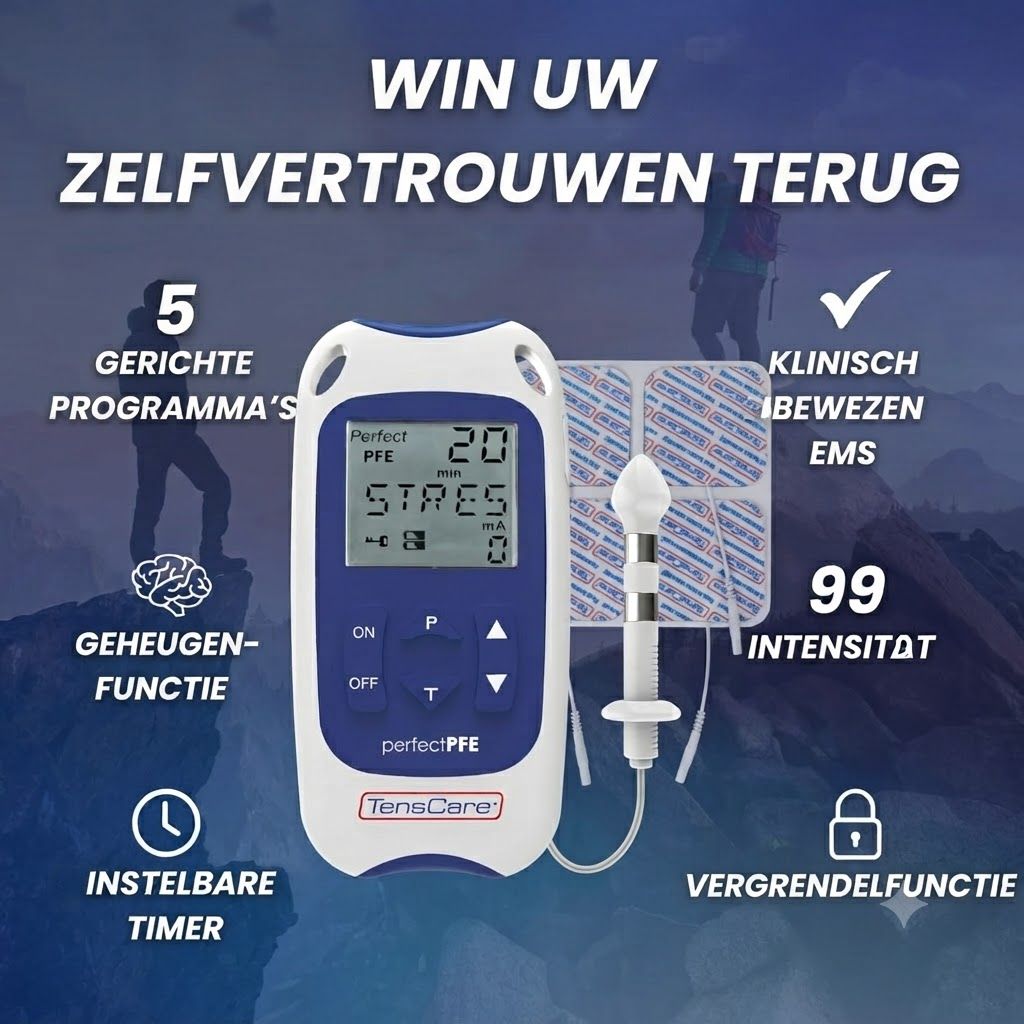 Een wit-blauw EMS apparaat met display, TENS pads en een vaginale probe opzetstuk.