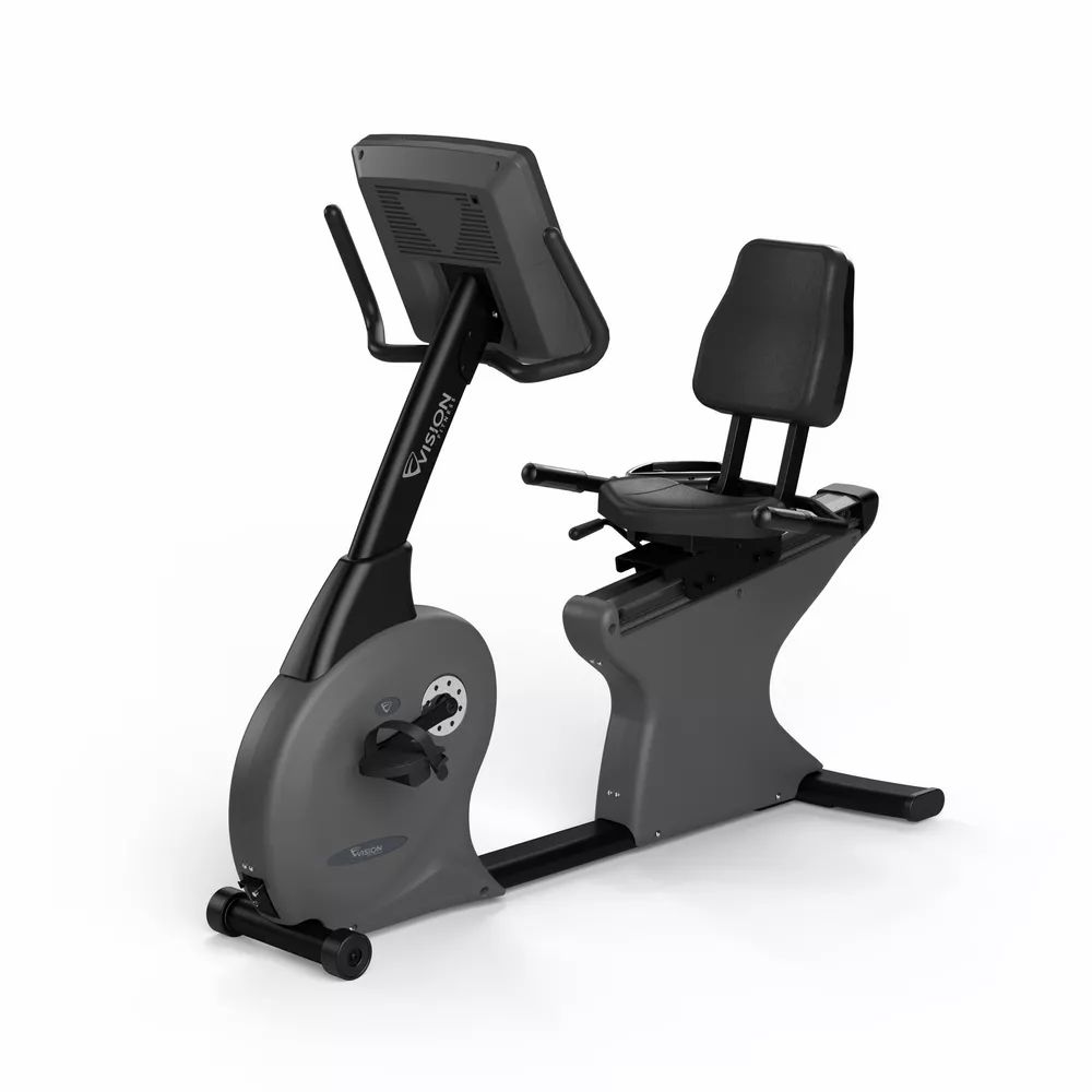 Vélo d'exercice Vision Fitness R600E gris. Siège et dossier noirs. Écran numérique. Logo Vision.